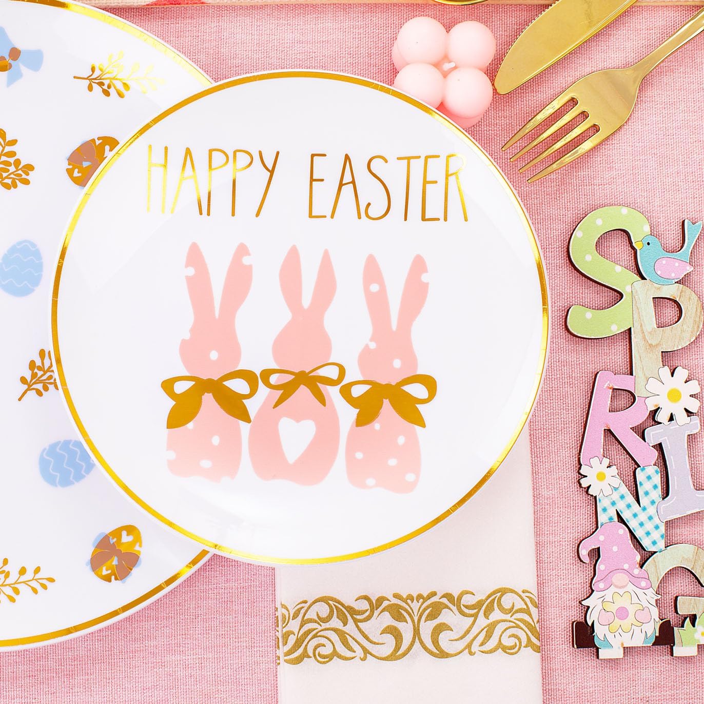 Morejoy 175pcs Easter Plastic Plates,Bunny Plates,Easter White & Pink Plates Disposable include 25Dinner Plates,25 Salad Plates,25 Cups,25 Forks,25 Knives,25 Spoons,25 Napkins Perfect for Party