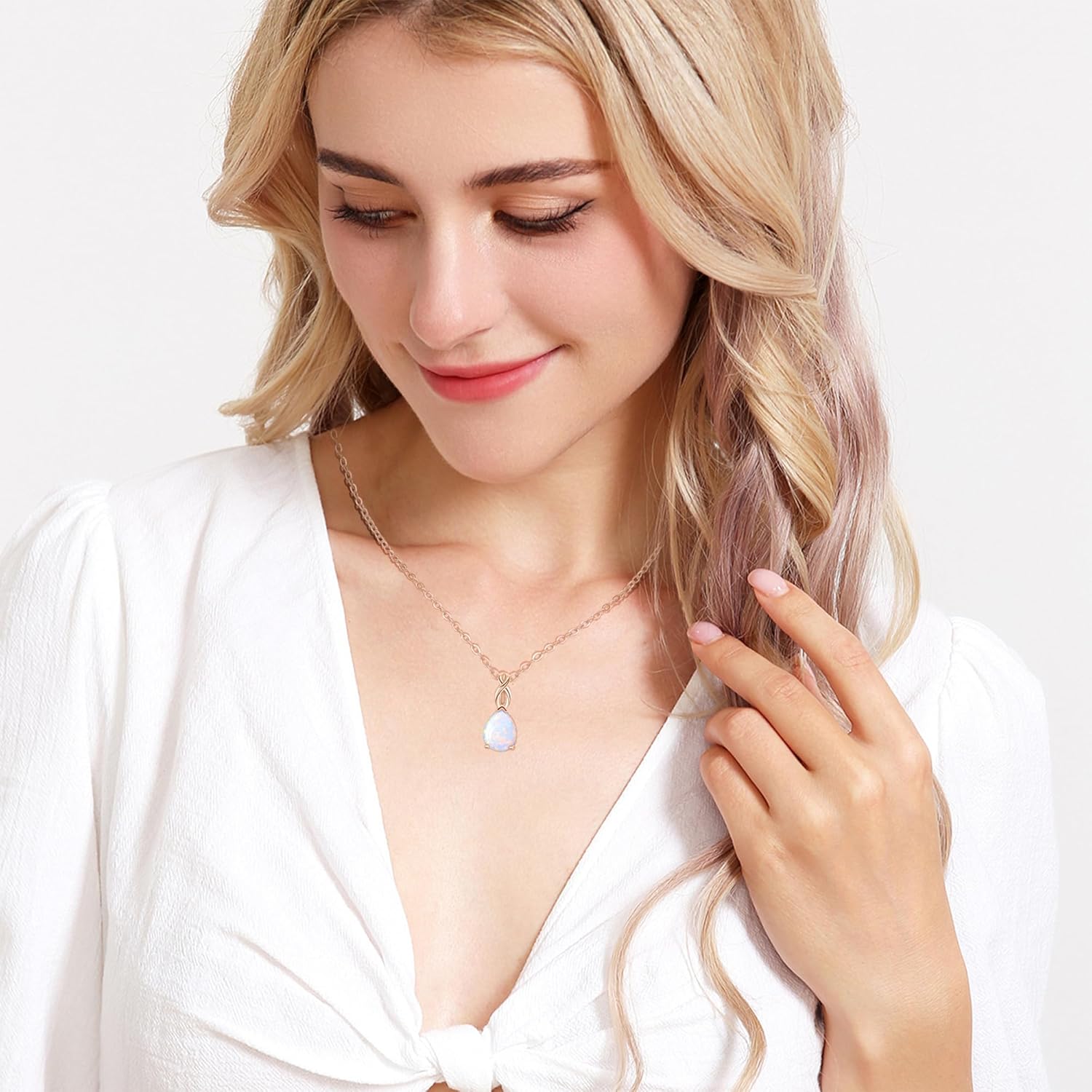 AILUOR White Opal Necklaces for Women, Rose Gold Plated Dainty 11mm Round Gemstone Pendant October Birthstone Pendant Necklace for Women Bridal Wedding Jewelry Birthday Gift for Wife Mom Her - Image 3