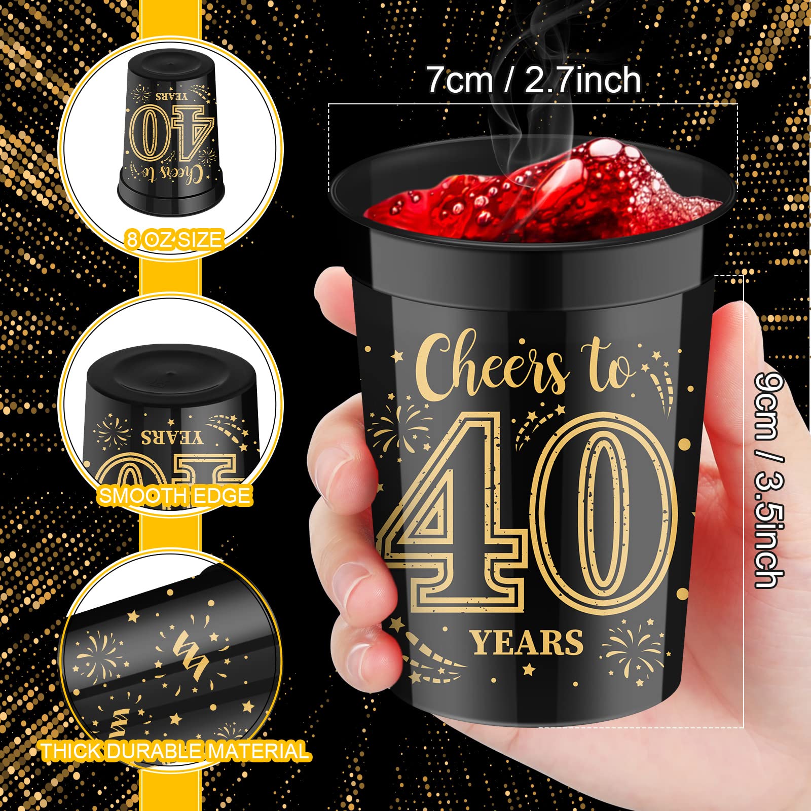 Kunststoffbecher Zum 40. Geburtstag – 12 Stück, 473 Ml, Schwarz & Gold | Wiederverwendbare Partybecher Für Getränke & Shots