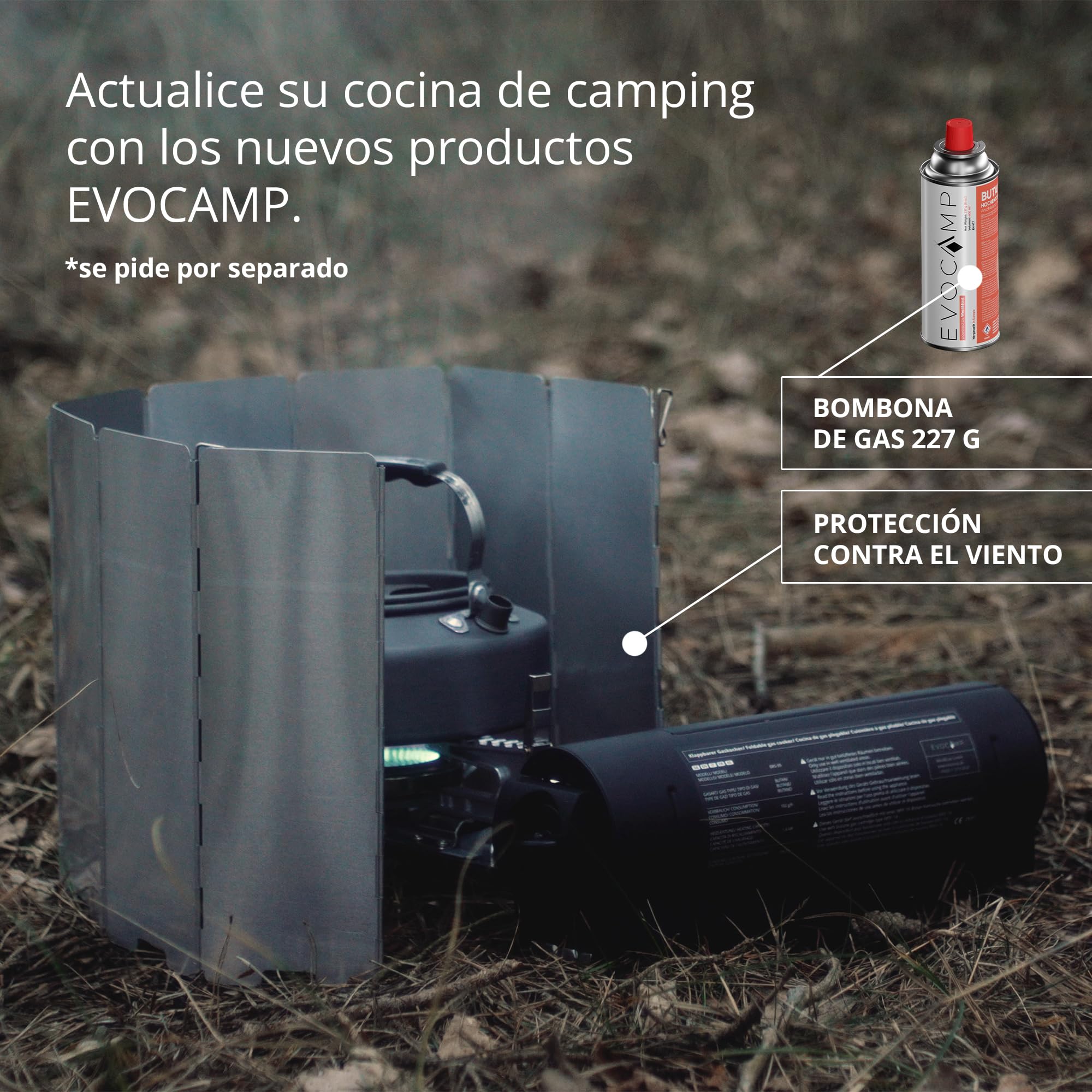 EVOCAMP Hornillo de camping compatible con cartuchos de gas 227g, hornillo de camping a gas plegable con bolsa de transporte, cocina de camping con encendido piezoeléctrico para interior/exterior