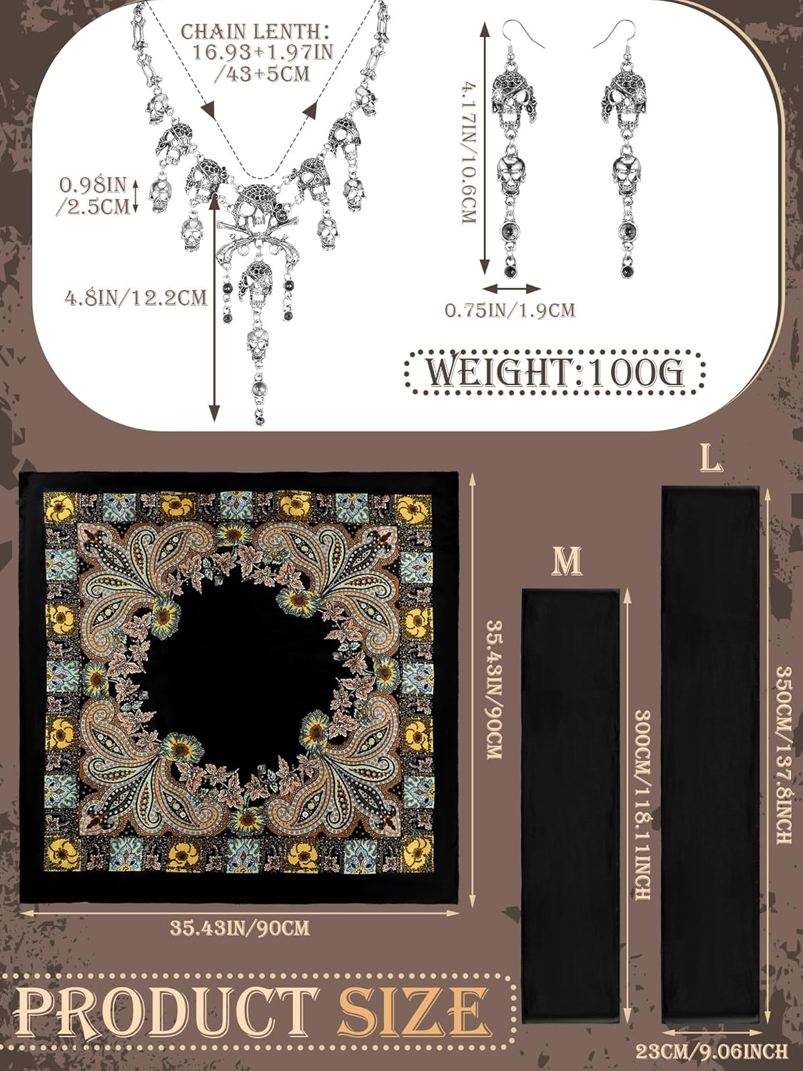 4 Pieces Women Pirate Costume Accessories Pirate Hat Head Scarf Sash Belt Necklace Earrings for Halloween Cosplay - Image 3