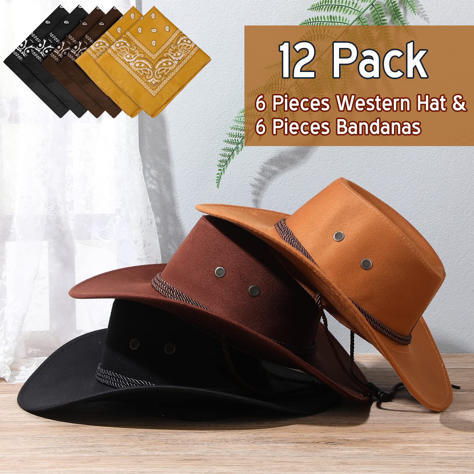 Zhanmai 12 sombreros de vaquero y bandana, sombreros de vaquera, a granel, disfraz de fiesta occidental, accesorio de Halloween
