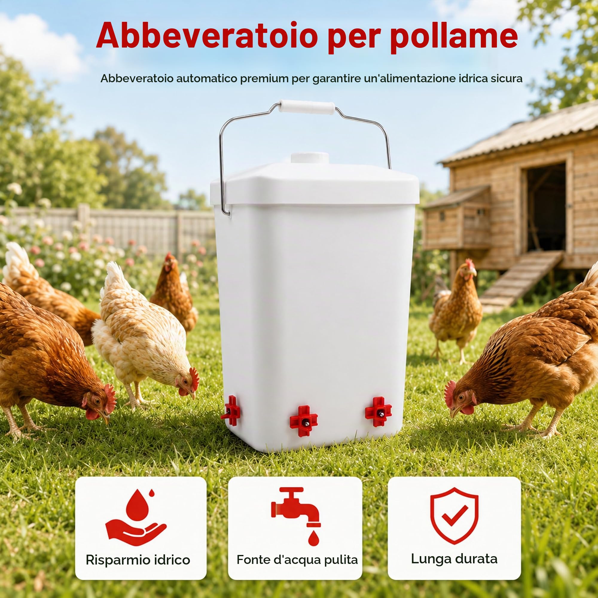 Abbeveratoio automatico per pollame 12L (3 galloni), serbatoio anti-perdita con 4 ugelli bere rossi, appoggiabile a terra o a muro per galline, pulcini e avicoli domestici in giardino e allevamento