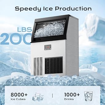 Coolake Commercial Ice Maker Machine 200lbs/24H, Air Cooled Under Counter Ice Maker with 50lbs Ice Storage, Stainless Steel Self Cleaning Freestanding Ice Maker for Home Bar Restaurant Kitchen