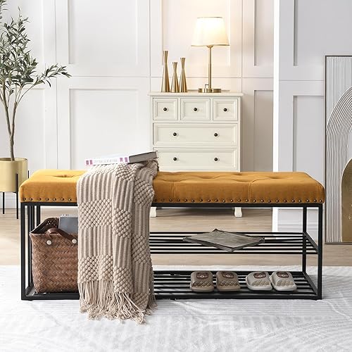 Miniatura 6 de FERFALDER Banco de almacenamiento tapizado para zapatos de entrada con borde de clavo marco mental negro banco otomano para dormitorio entrada