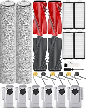 Qrevo Curv 2 Flow Replacement Kit for Roborock Qrevo Curv 2 Flow Robot Vacuum Cleaner, 24PCS Accessories Parts 2 Mop Rollers 4 Main Brushes 6 Side Brushes 6 Activated Carbon Dust Bags 4 HEPA Filters