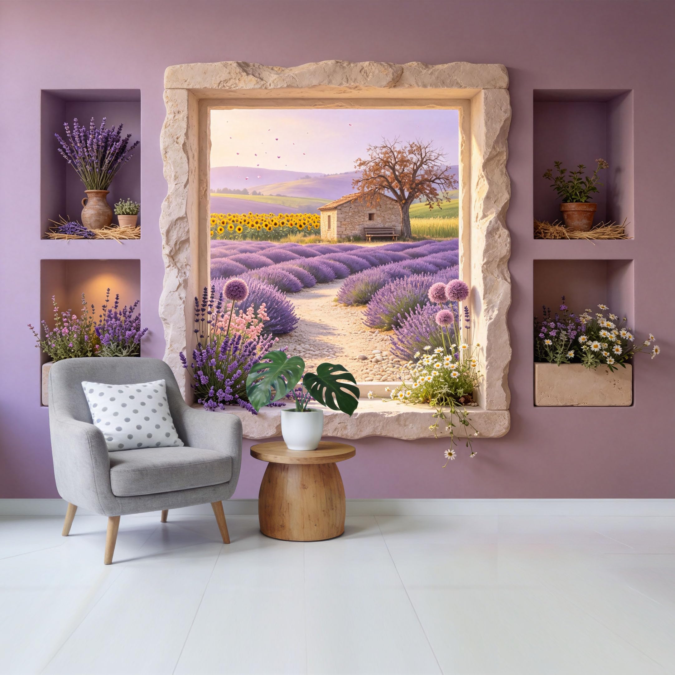 Removable Self Adhesive Fabric Mural， Provence Countryside Sunflower Lavender Field Custom Size Wall Covering， UV Protected Waterproof Washable Wall Decor for Living Room Bedroom Bathroom