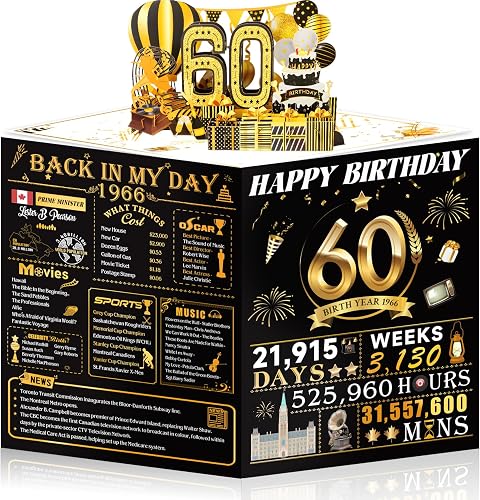 60th Birthday Cards for Women Men, 3D Pop Up 60th Birthday Decorations for Grandma Mom Dad, Funny 60 Year Old Birthday Gifts Ideas for Husband Wife Parents Him Her, Jumbo Back In 1966