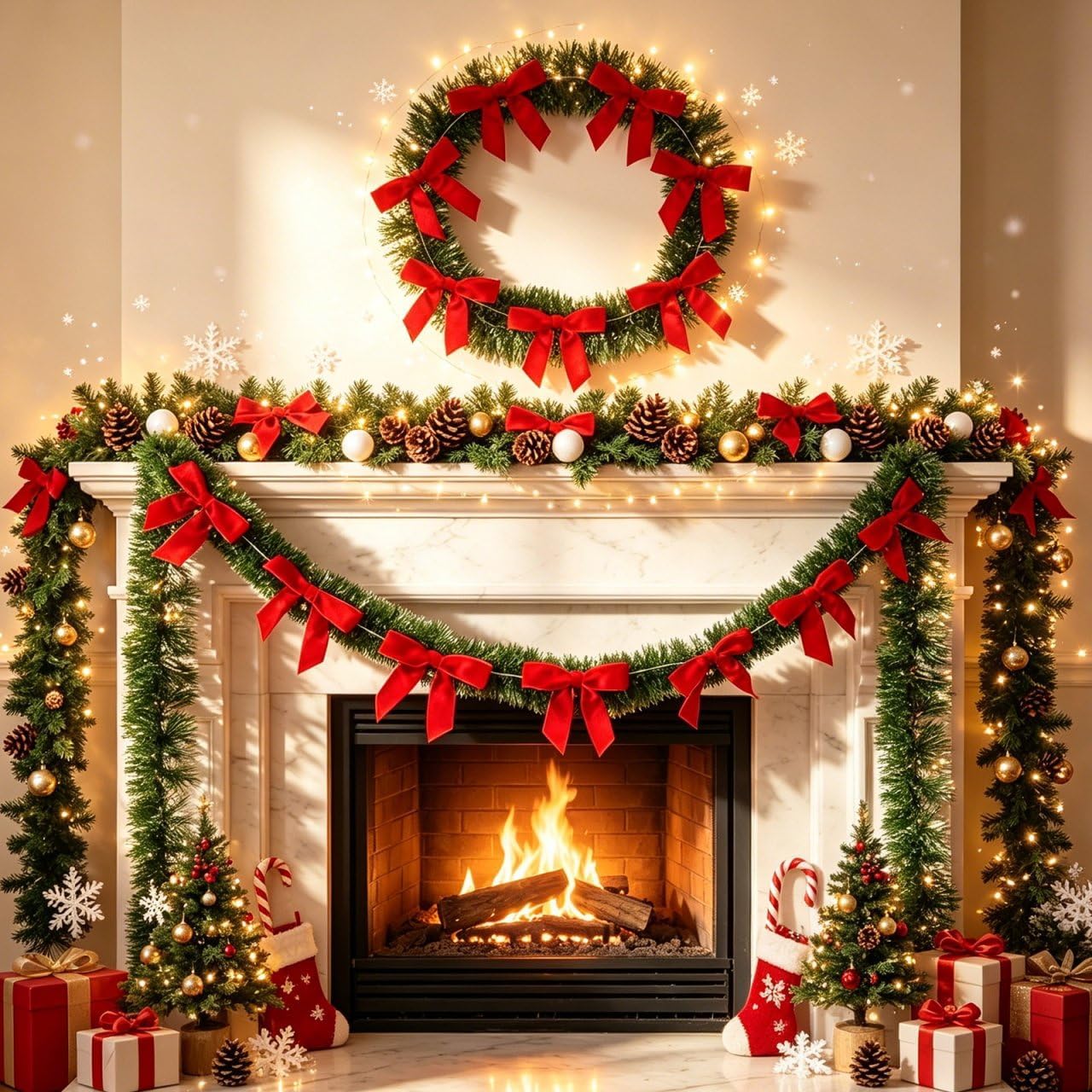 Baluue Christmas Garland 49. 2ft Artificial Pine Garland with 7 Bows and Bells Non-lit Soft Holiday Greenery for Staircase Fireplace Mantel Outdoor Door Decor