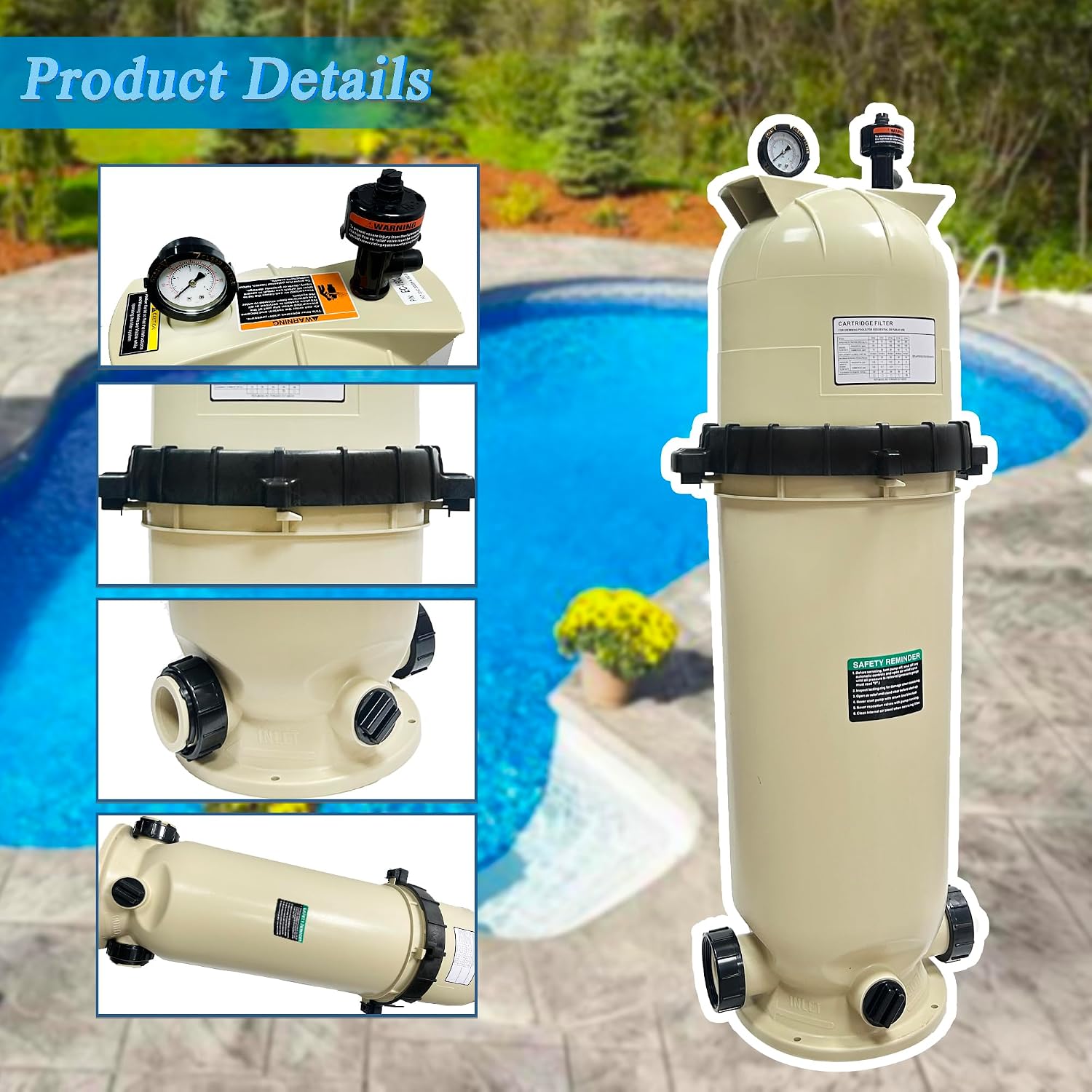 EC-160318 Cartridge Pool Filter Compatible with Pentair Clean & Clear CC200 Cartridge Pool Filter,200 GPM | 200 Sq.Ft.with Cartridge & Gauges,Almond