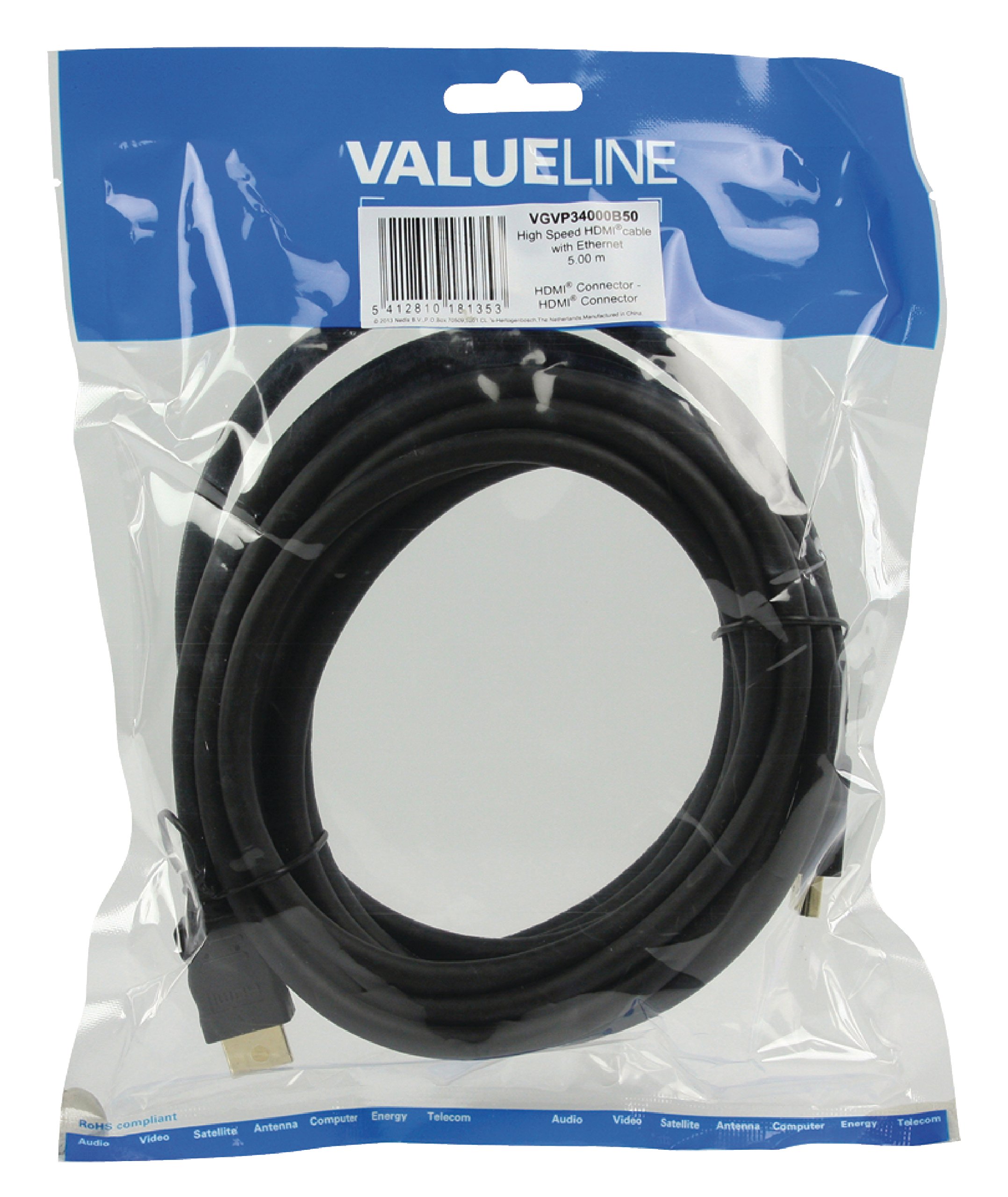 Valueline VGVP34000B50 High Speed HDMI Kabel mit Ethernet (Stecker auf Stecker, 5m) schwarz