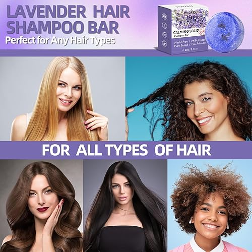 Miniatura 6 de Paquete de 2 barras de champú de lavanda, barra sólida para el cabello y jabón para el cabello con efecto acondicionador, barras de champú orgánicas