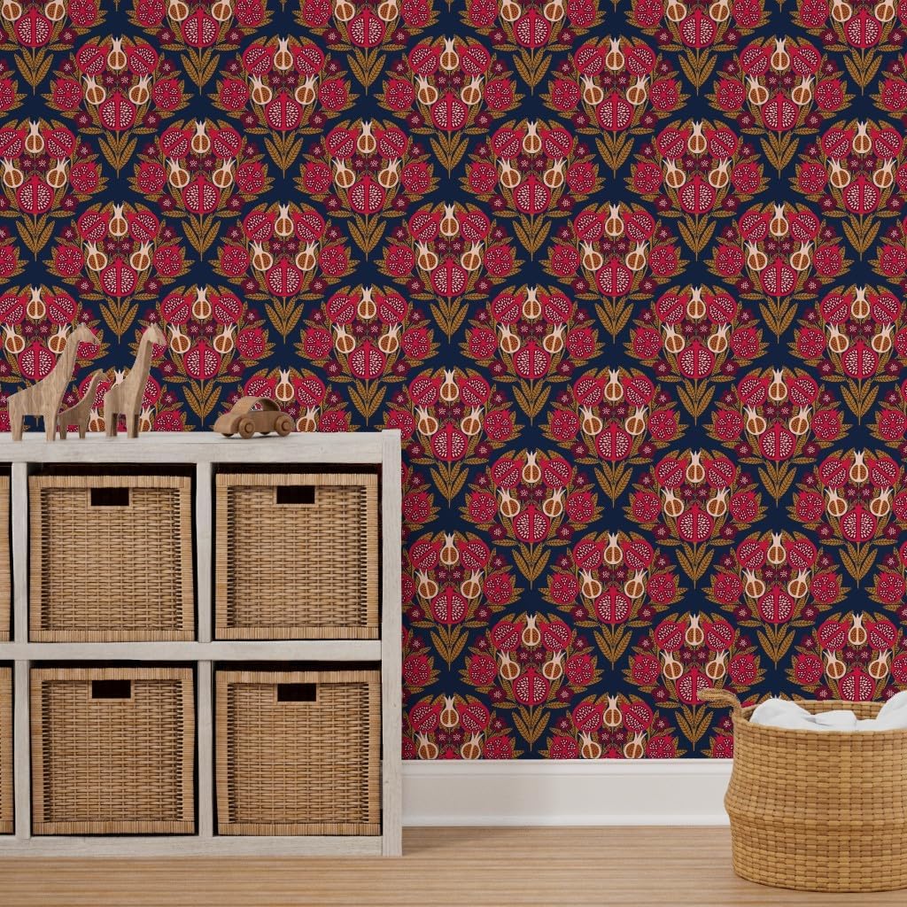 Spoonflower Removable Wallpaper 6ft x 2ft - Damask Blue Gold Rose Maroon Custom Pre-Pasted Wallpaper