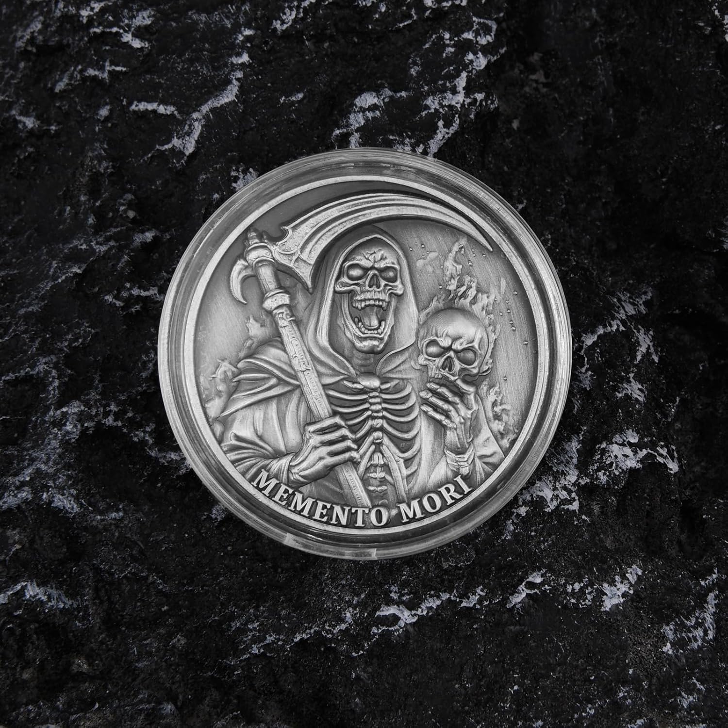 Memento Mori & Life is Brief Challenge Coin- Dual-Sided Gothic Design Piece- with Grim Reaper and Hourglass Motif
