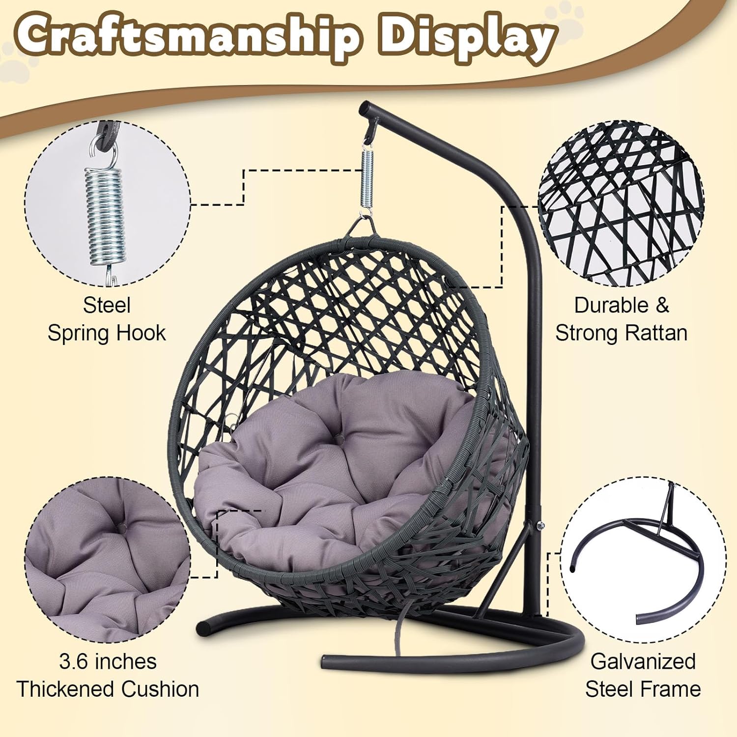 Cat Swing Bed with Stand & Cushion Indoor Outdoor, Cat Egg Chair with Rattan Wicker Appearance, Indoor Hanging Swinging Hammocks Cats Bed for Cat, Dogs, and Small Animals (Gray)