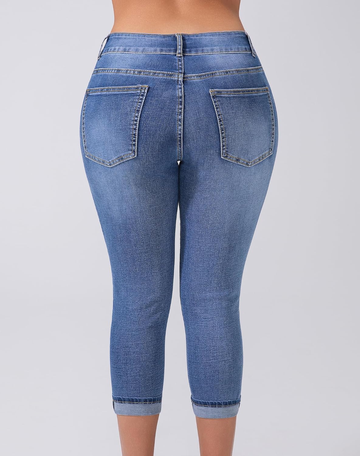 Women's Capri Pants Skinny Stretchy Ripped High Waisted Cuffed Denim Jeans - Image 3