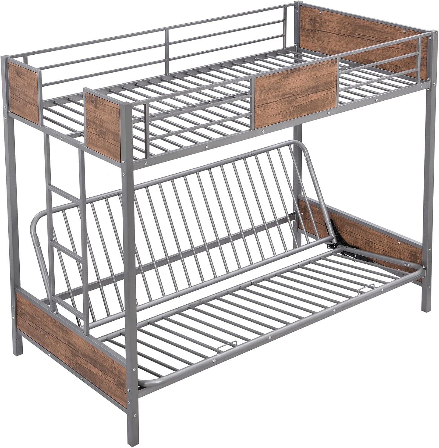 Twin-Over-Futon Bunk Bed, Metal Futon Bunk Bed Frame with Guardrails and Ladder(Gray)