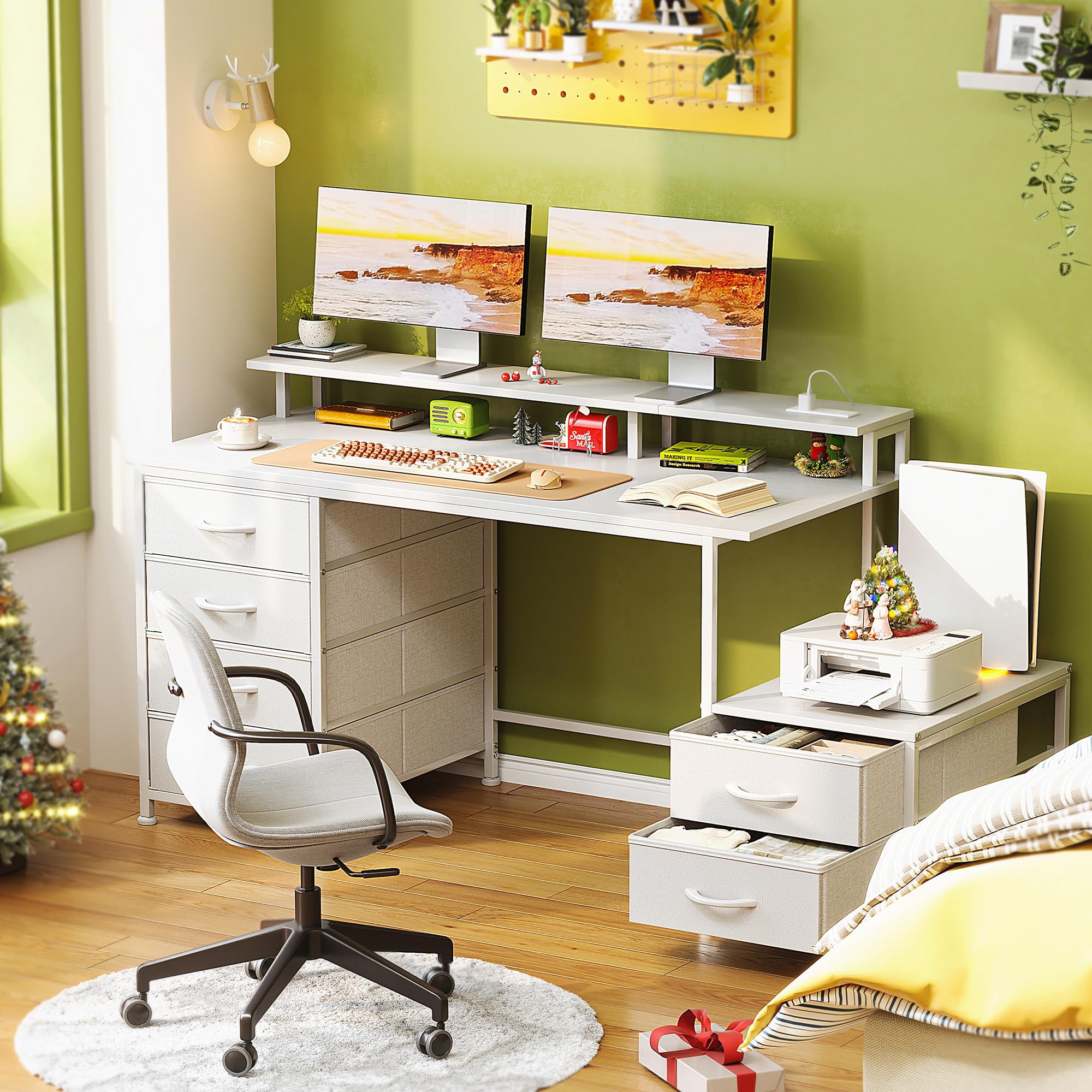 Scrivania da 128 cm con schedario in tessuto, scrivania per computer con ripiani e cassetti, tavolo da scrittura con supporto per monitor, tavolo da studio postazione di lavoro per casa e