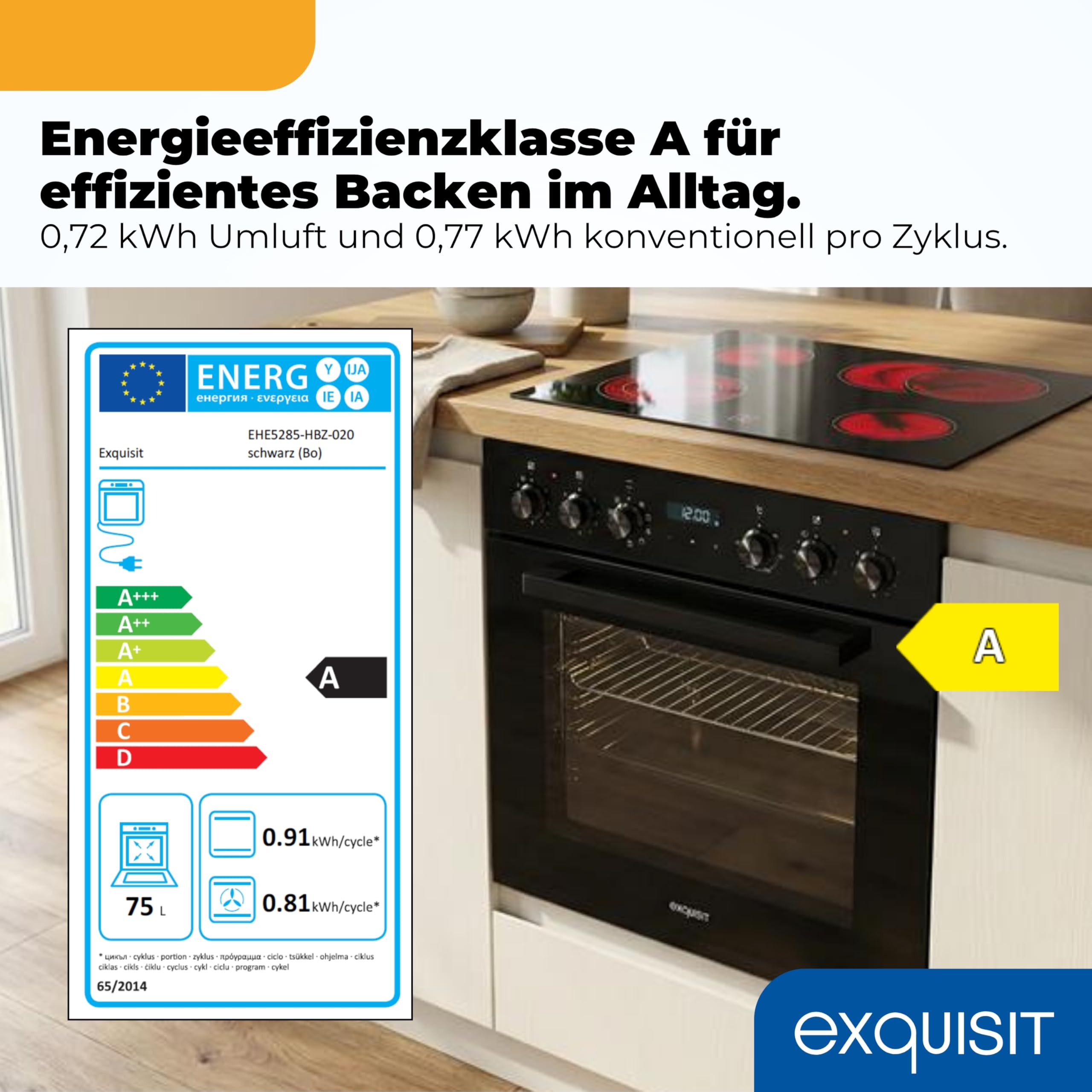 Exquisit Einbauherd mit Glaskeramikkochfeld 75L 9800W Energieklasse A EHE5285-HBZ-020