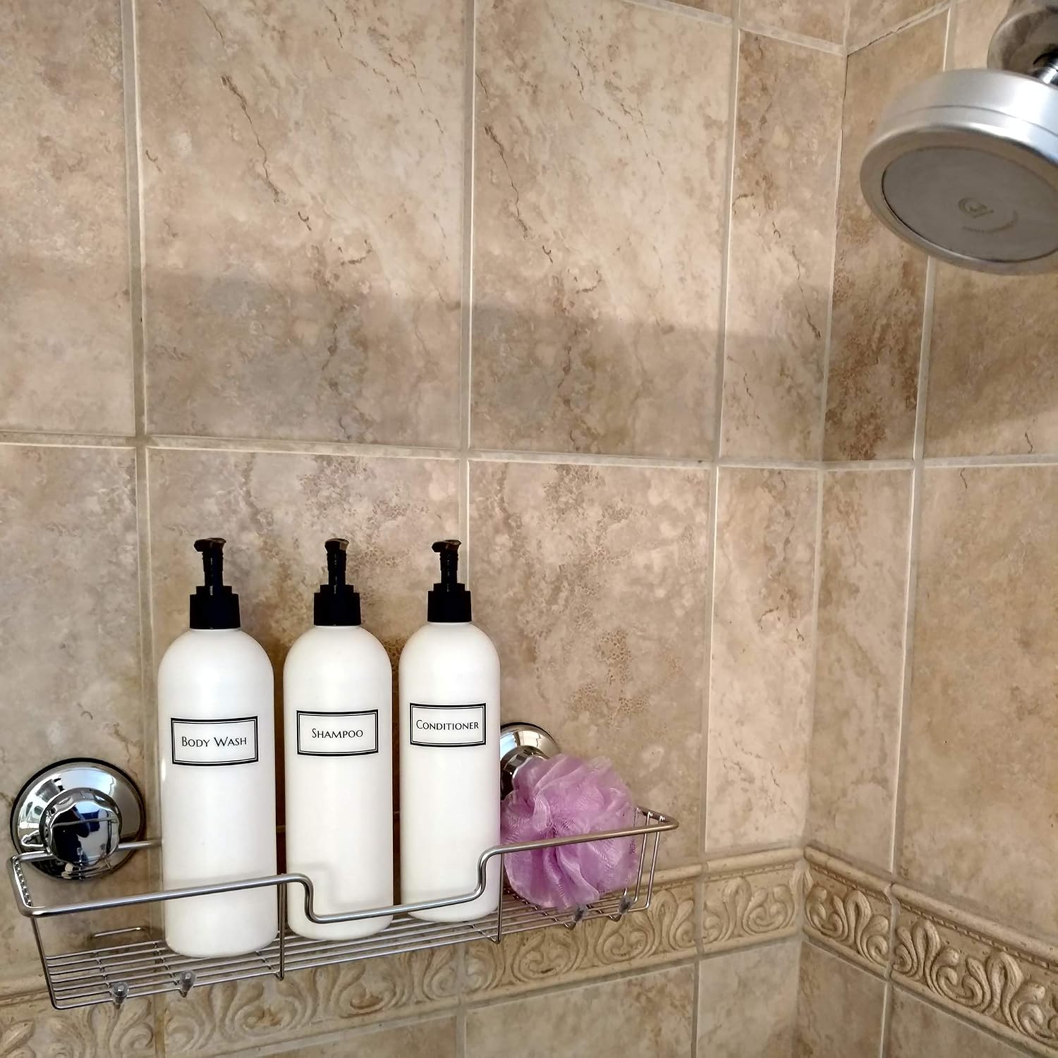 Silkscreened Empty Shower Bottle Set for Shampoo, Conditioner, and Body Wash, Cosmo/Bullet 16 oz 3-pack, White (Black Pumps)