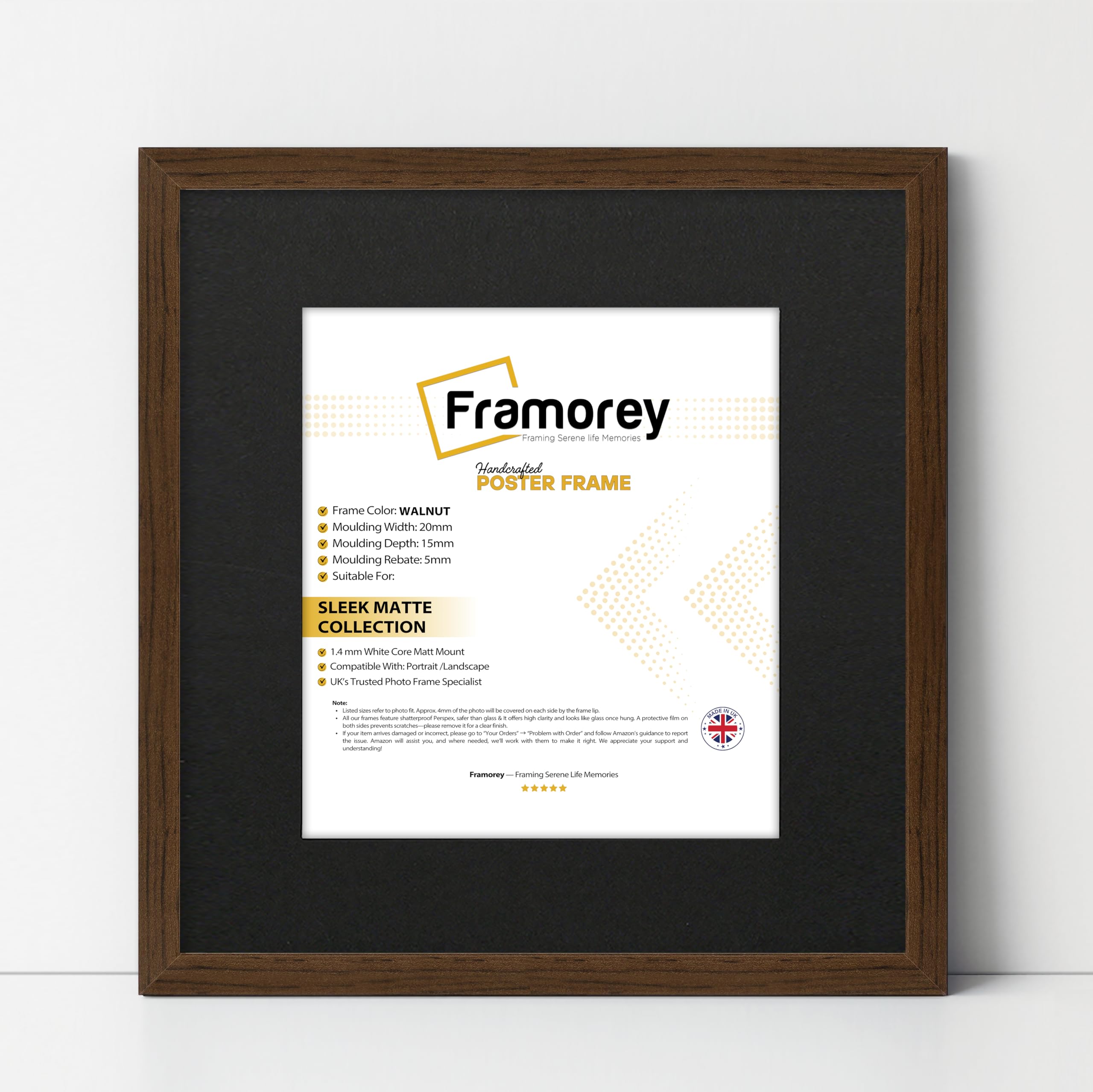 FRAMOREY Square Size Thin Matt Photo, Handmade Flat Thin Picture Frame, 24x24" Size Walnut Picture Frame With 20x20" Size Black Mount, Photo Print Frames