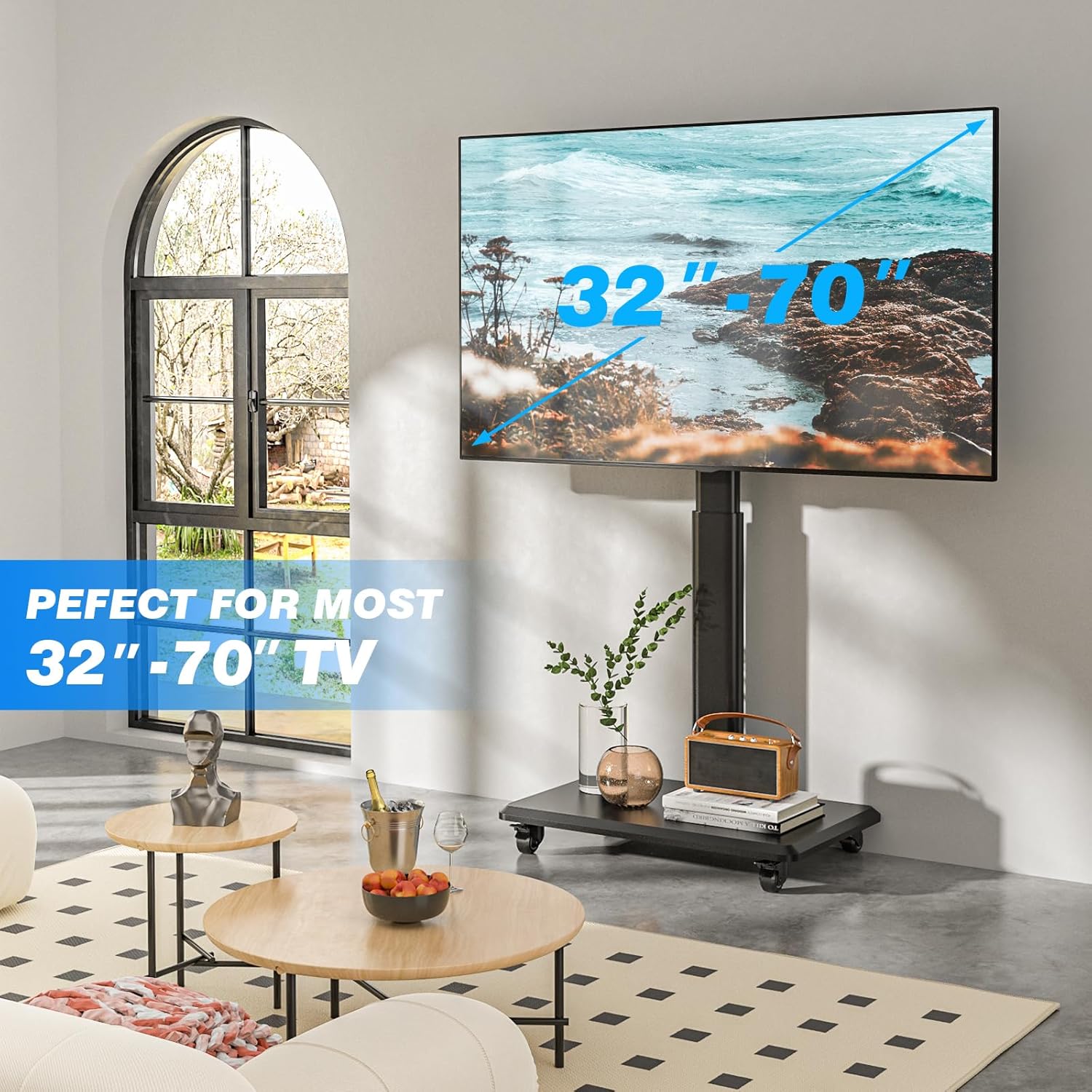 Rfiver Rolling TV Stand for 32 to 70 Inch TVs, Modern Corner TV Stand with Upgraded Wheels, 9 Levels of Height & ±30° Swivel Adjustable Mobile TV Mount Stand for Bedroom, Corner, Small Dorm, Black