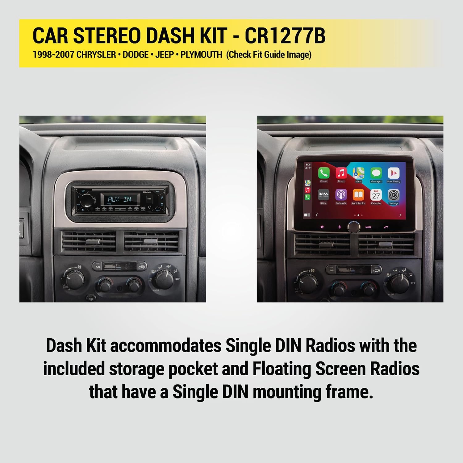 Scosche CR1277B Single DIN Radio Dash Kit Compatible with Select 1998-07 Chrysler, Dodge Jeep and Plymouth Vehicles - Aftermarket Car Stereo Installation - See Images for Vehicle Fit - Not Double DIN