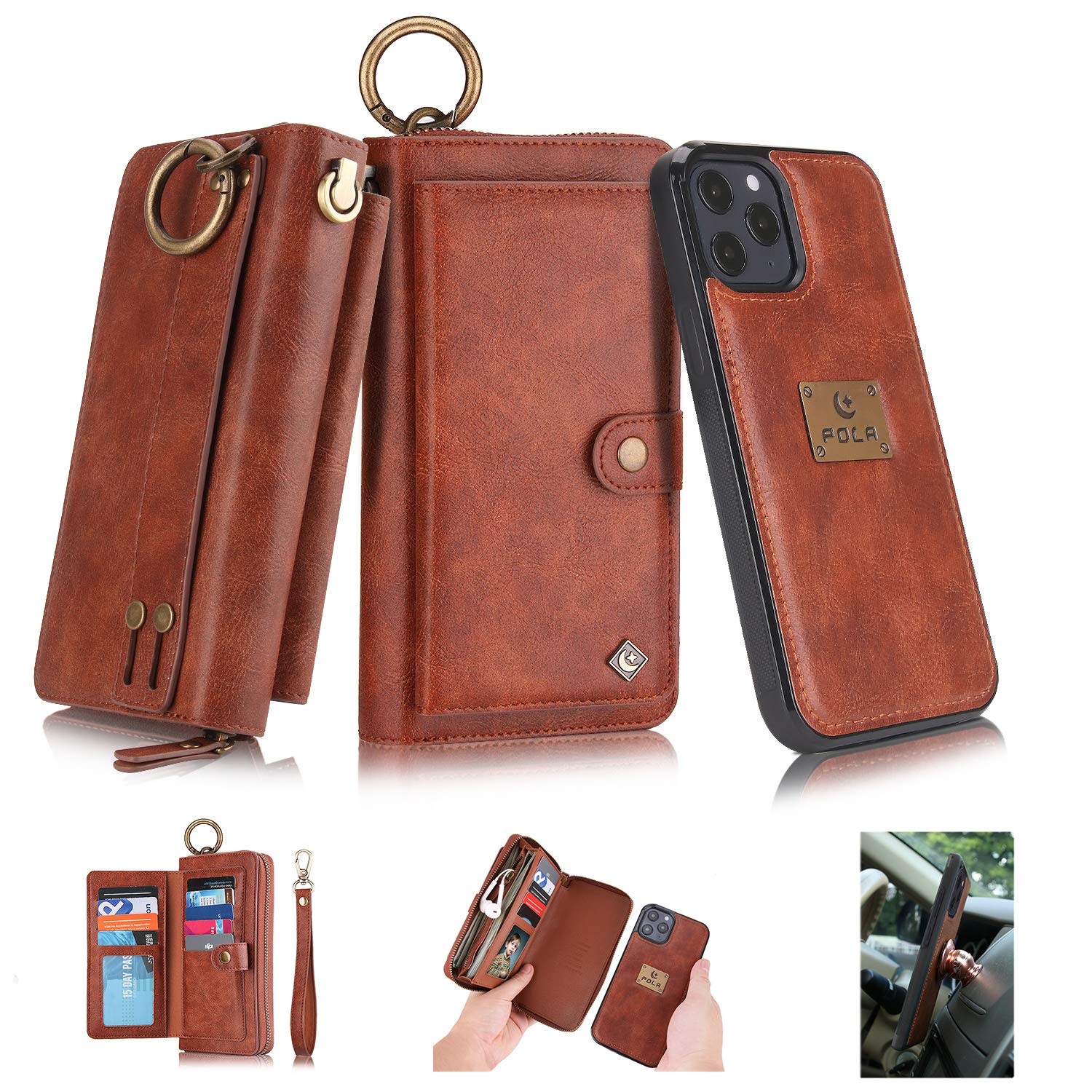 WintMing Compatible with iPhone 12 Pro 6.1" Wallet Case with Card Holder Flip Leather Case Magnetic Detchable Stand Feature Multi-Function Protective Cover (Brown, 12(6.1")/12 Pro(6.1"))