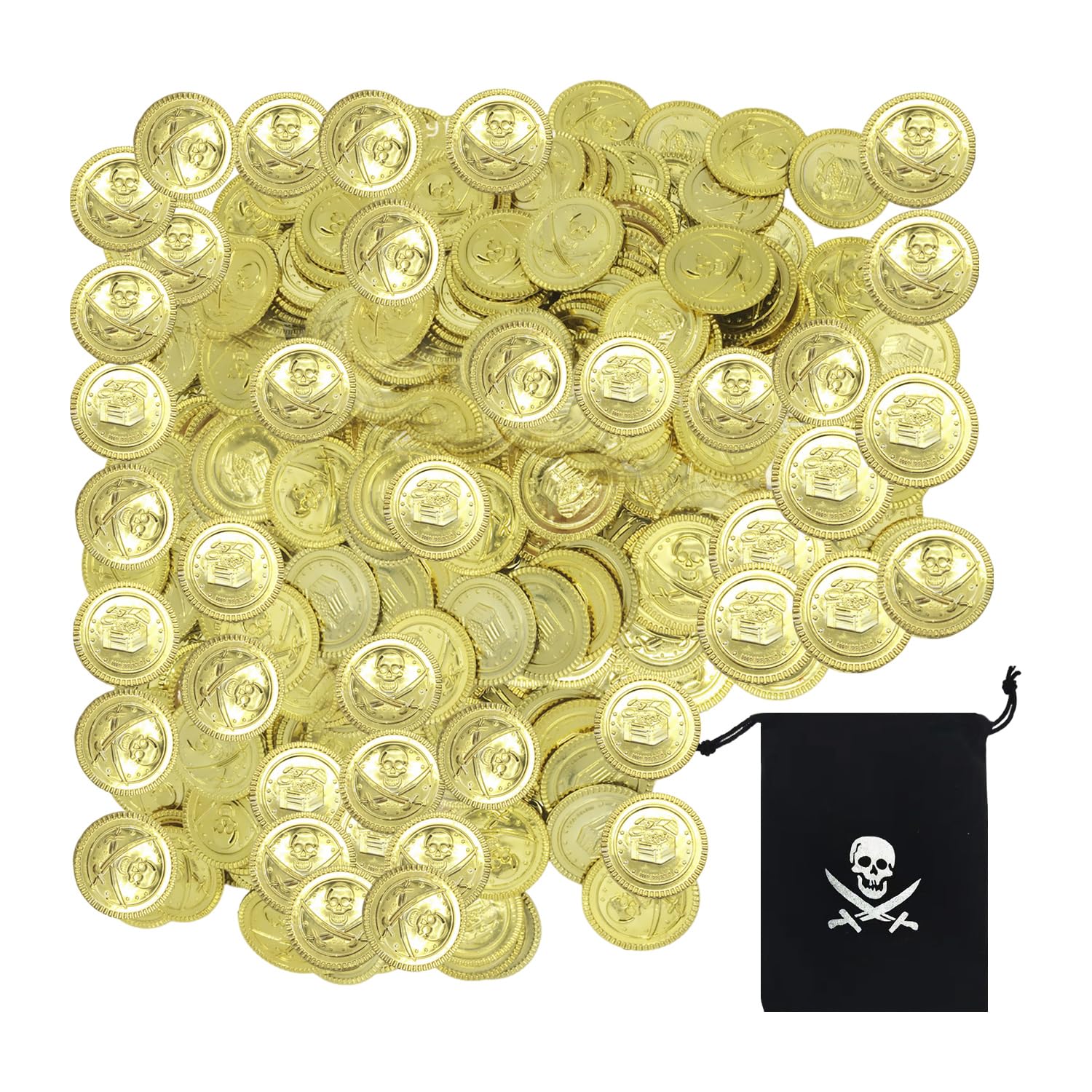 150 Pieces Of Pirate Gold Coins And 1 Piece Of Skull Drawstring Bag, Plastic Toy Gold Coins, Children'S Game Coins