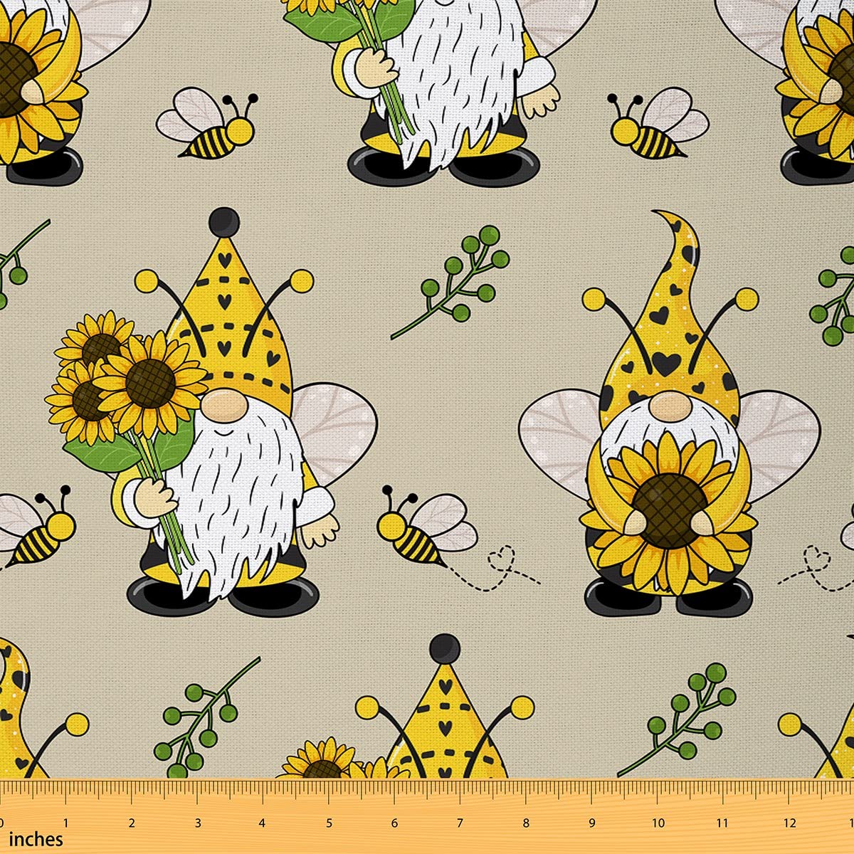 Richhome Multi 14 Cartoon Gnome Fabric By The Yard Yellow Sunflowers Cute Bee Decor Fabric For Kids Sewing Supplies Wild Flowers Plants Rustic Style Fabric For Diy Upholstery And Home Accents 1 Yard