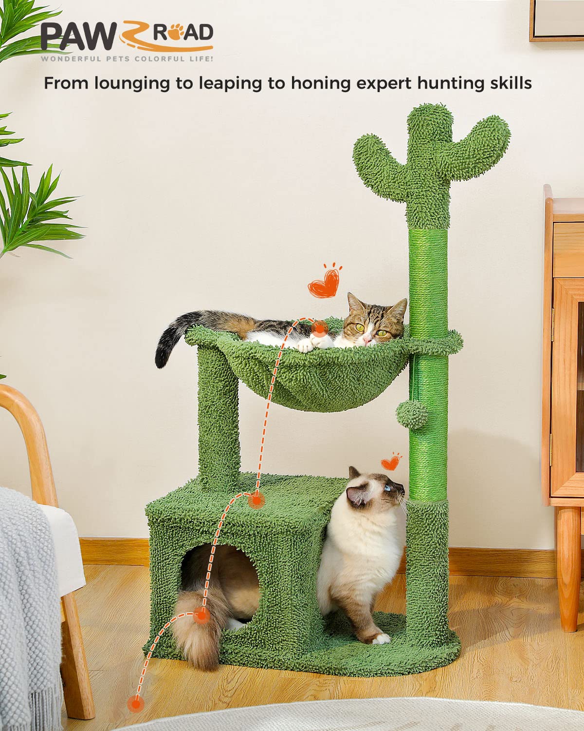 PAWZ Road Albero tiragraffi a forma di cactus per gatti interni, tiragraffi per gatti, torre da gioco per gatti con amaca, 102 cm, AY401-AMT0195GN