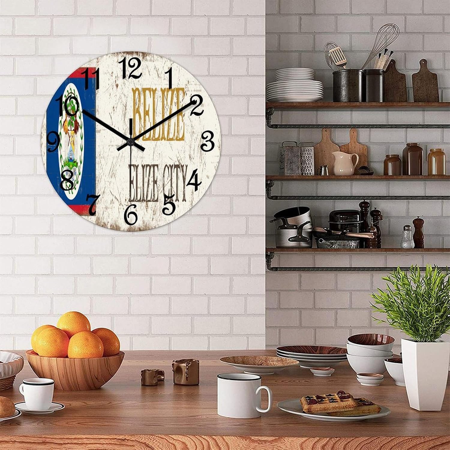 Belize National Flag Round Wall Clock Belize Elize City Clock Wall Art Wood Clock Silent Non-Ticking Decorative Wall Clock for Living Room Bedroom Kitchen 15"