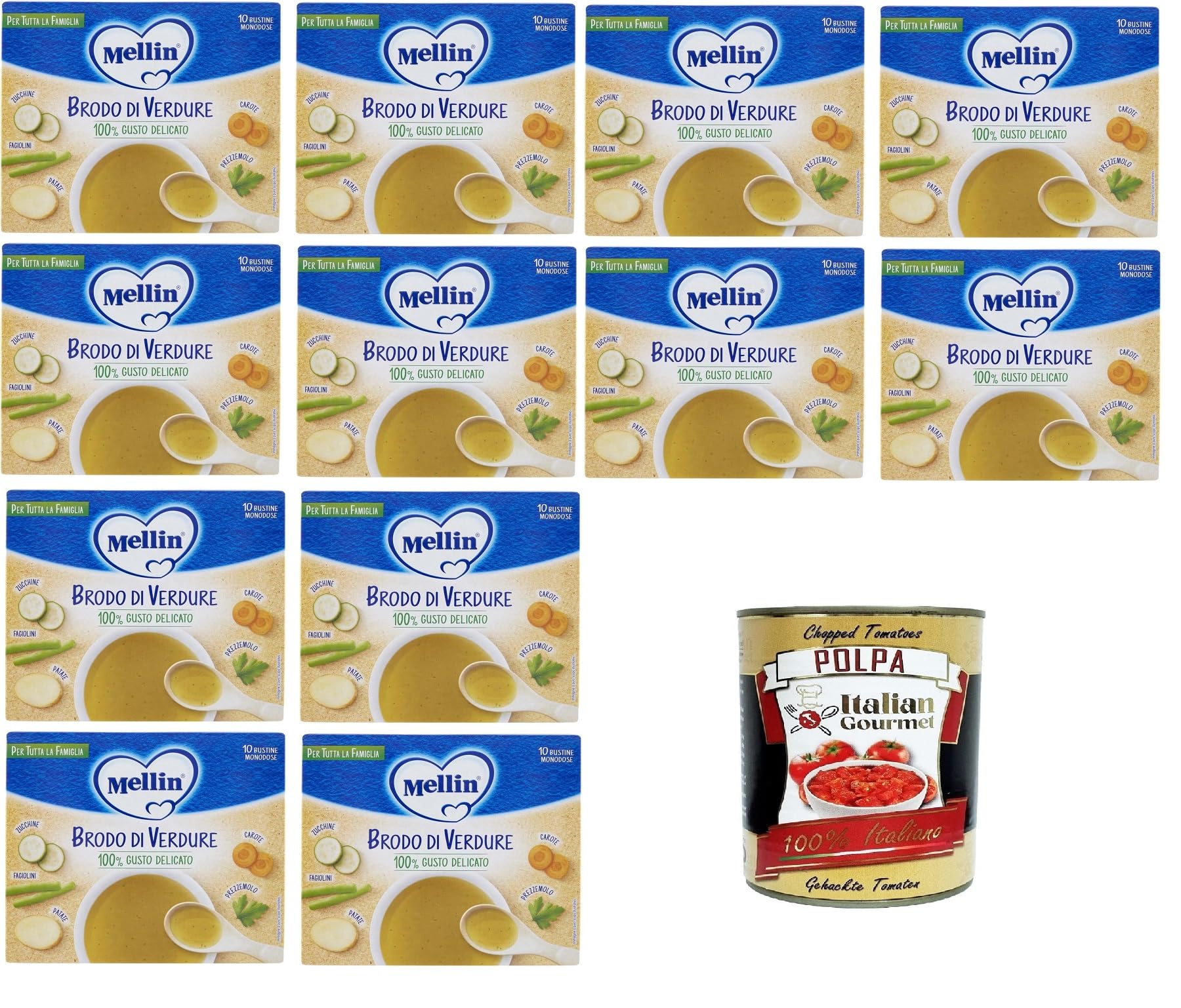 MELLIN Brodo di verdure, per tutta la famiglia Gemüsebrühe, für die ganze Familie 100% delikater Geschmack 12x80gr+ Italian Gourmet polpa 400g