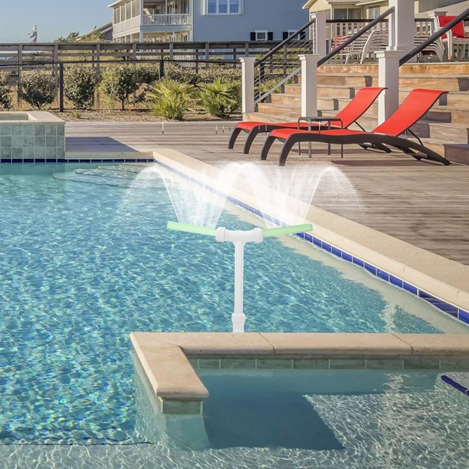 USHOBE Fuente de Piscina Doble Cabeza Aspersores Ajustables para Estanques y Piscinas, Estructura Resistente de Plástico y Sistema de Enfriamiento con Iluminación Clara