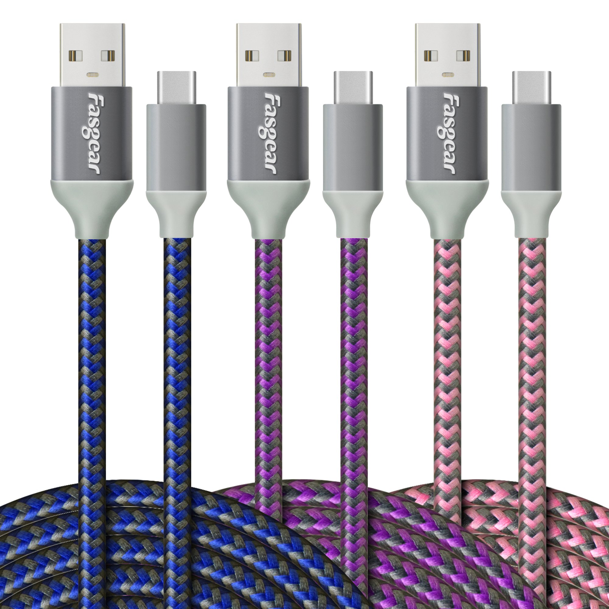 USB C Cables 3m - 3-Pack Fasgear Braided Durable Fast Charging USB 2.0 Type C Cords Compatible for Galaxy S21/S20 Ultra/Note 10/A10, Moto Z2, LG V30/G6 & Other USB-C Devices (Blue,Purple,Pink) - Blue,Purple,Pink