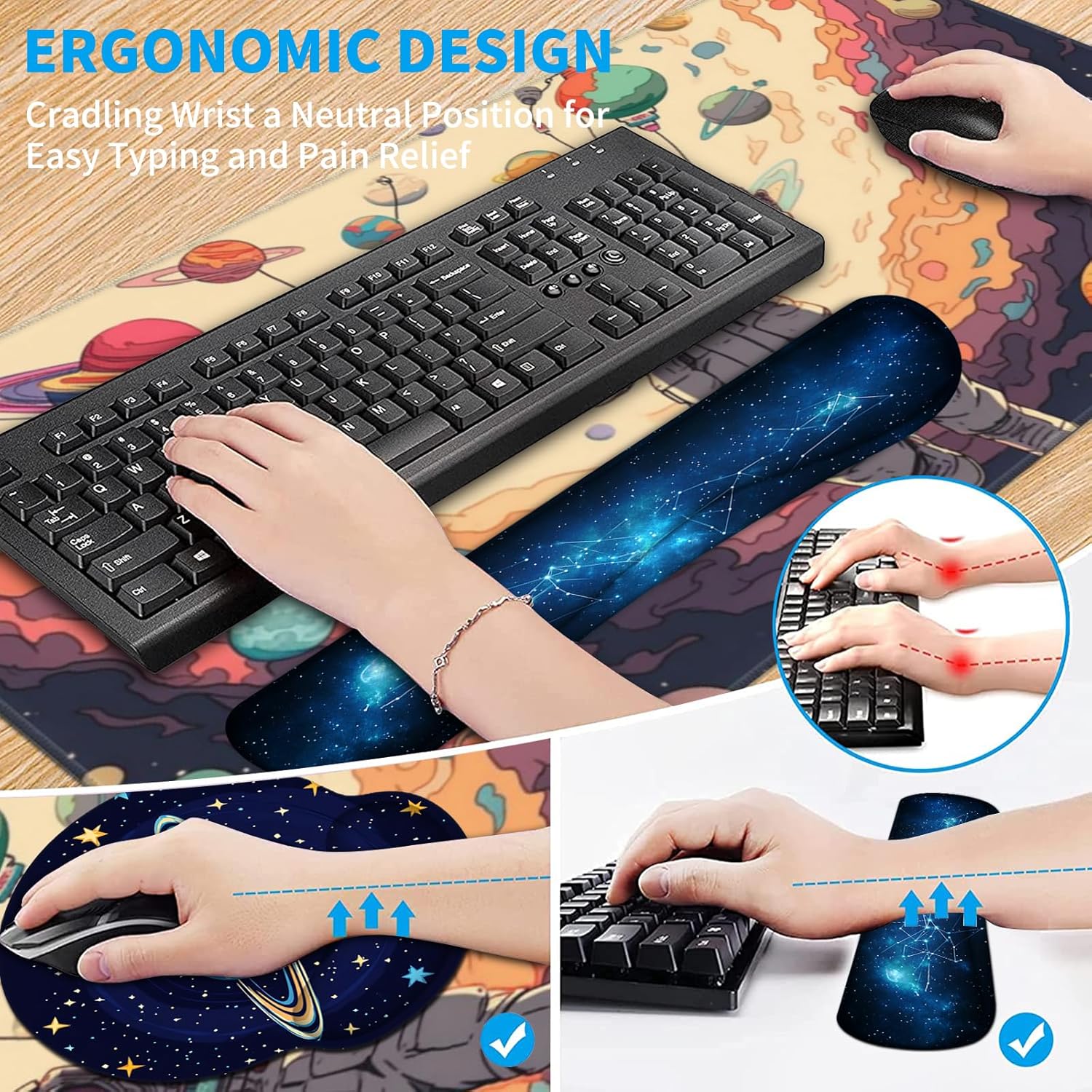AQQA 5-in-1 Large Gaming Mouse Pad, Mousepad with Wrist Support Set- Ergonomic Gaming Desktop Mouse Pad Wrist Rest - Cup Coaster, Keyboard Mouse Mat, Desk Pad with Stitched Edges,Universe