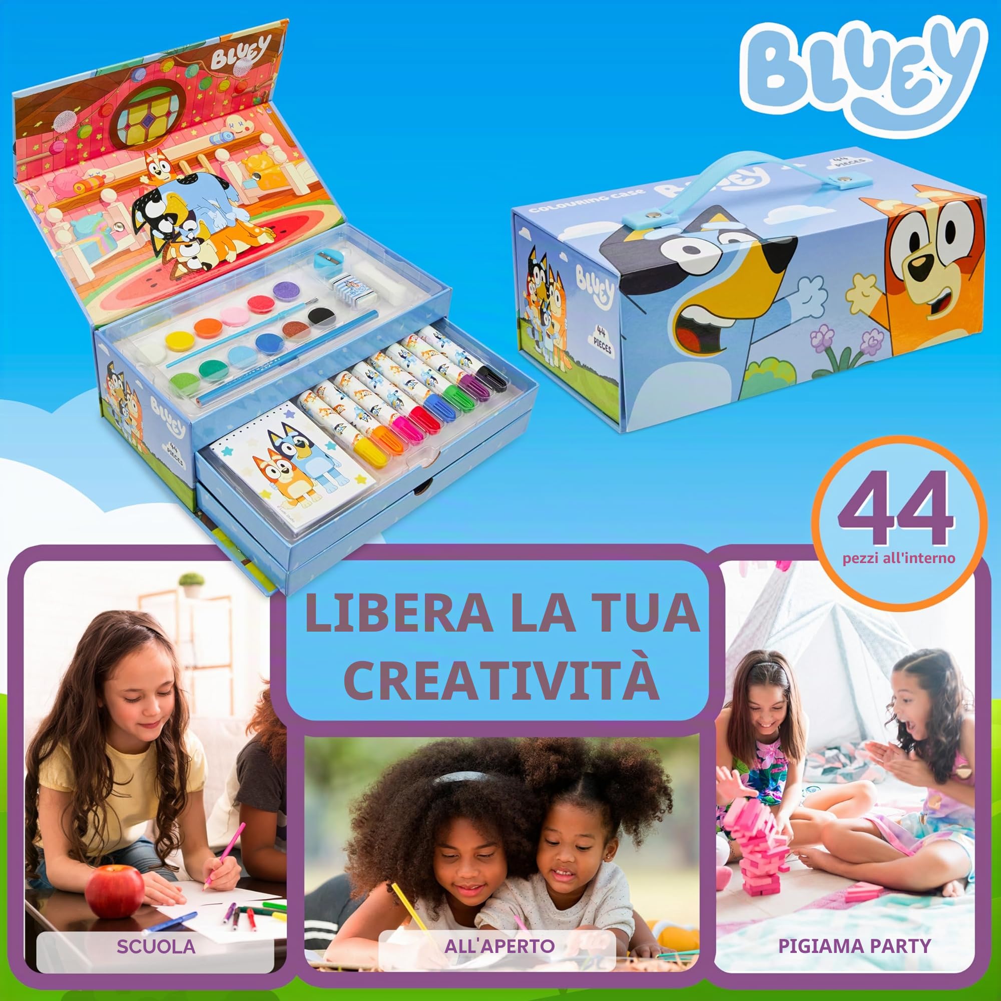 Bluey Valigetta Colori per Bambini, Set Colori Disegno, Penne Colori a Matita Pastelli in Colori Valigetta, Regali Bambini (Blu 3 livelli)