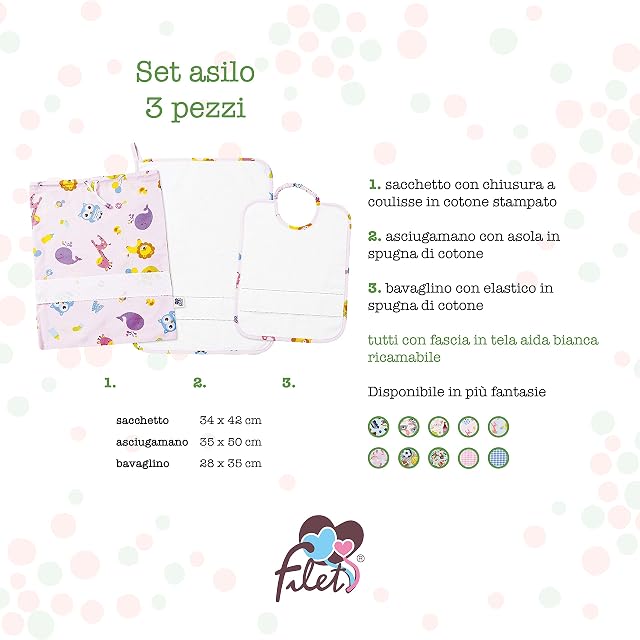 Foto 2 de 7 de FILET - Set Jardín de Infancia Tres Piezas Con Tela Aida para Bordar, Compuesto de Bolsa, Toalla y Babero…
