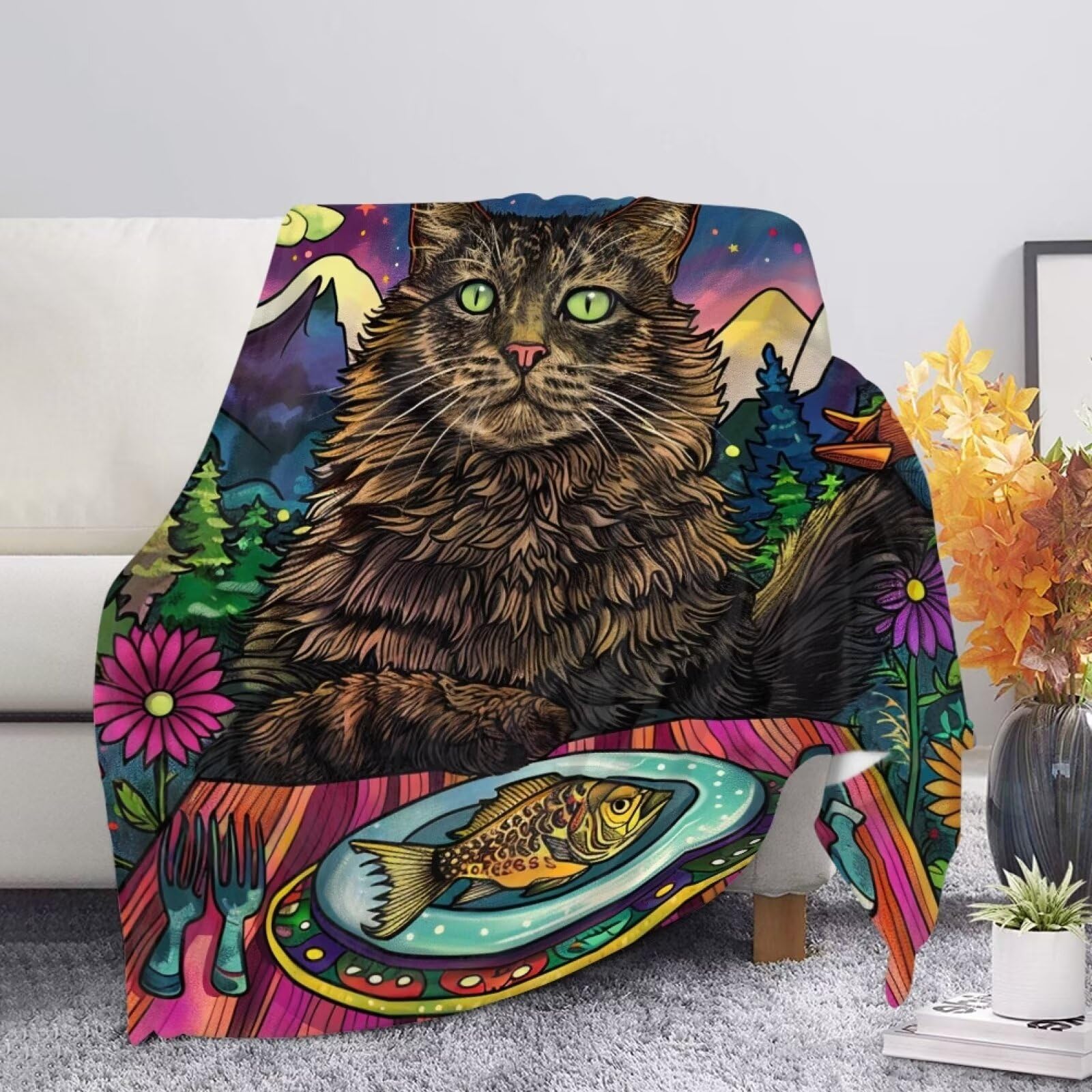Allcute Cheerful Black Cat Throw Blanket for Couch Sofa Home Fuzzy Soft Purple Throw Blankets for Bed Chair Lightweight Cozy Blanket for Fall Winter Travel