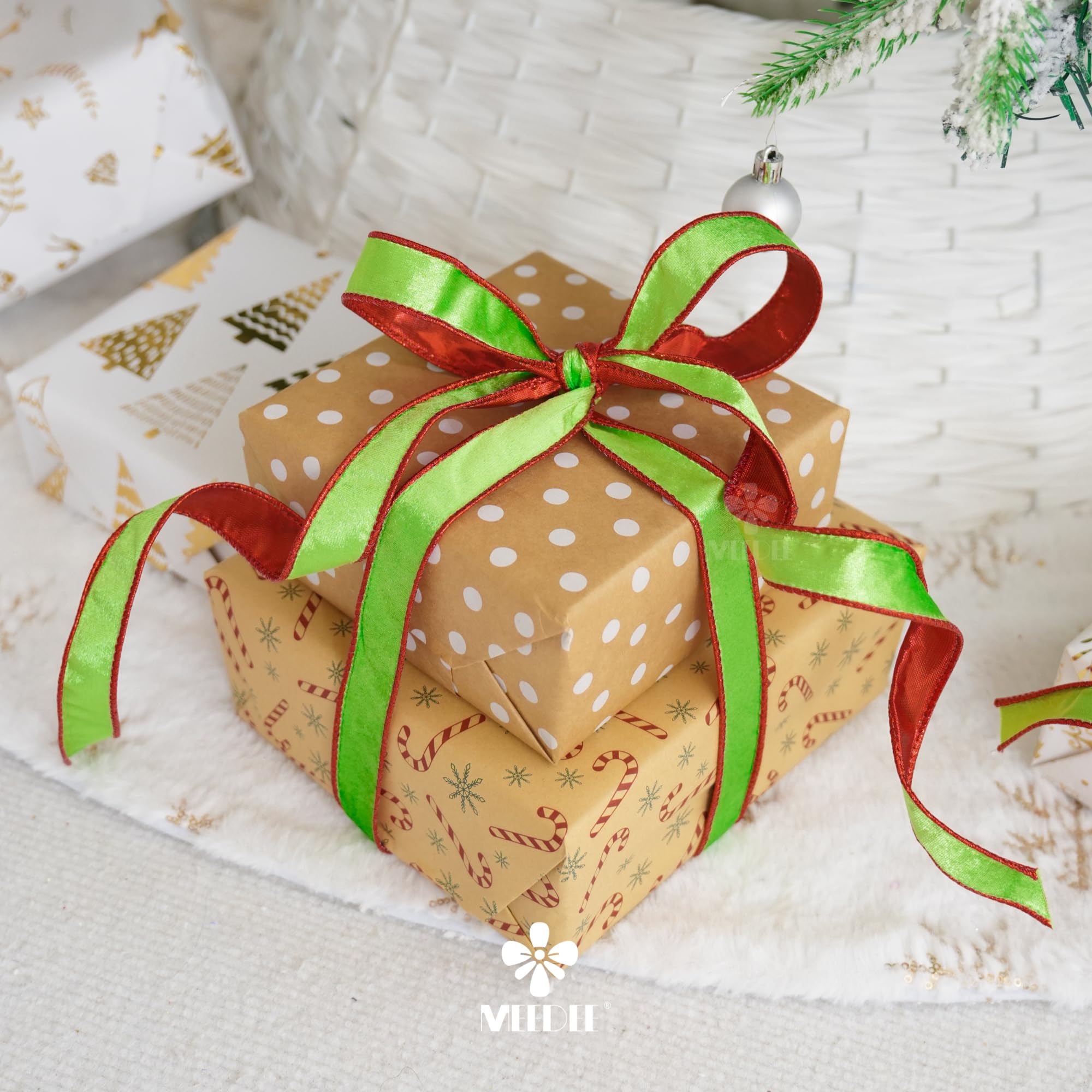 MEEDEE Cinta de Navidad de terciopelo verde lima y rojo de 1 pulgada, cinta de terciopelo fino con alambre, carrete de 25 yardas, cinta Farrislk de dos tonos, cinta roja y verde para árbol de Navidad,