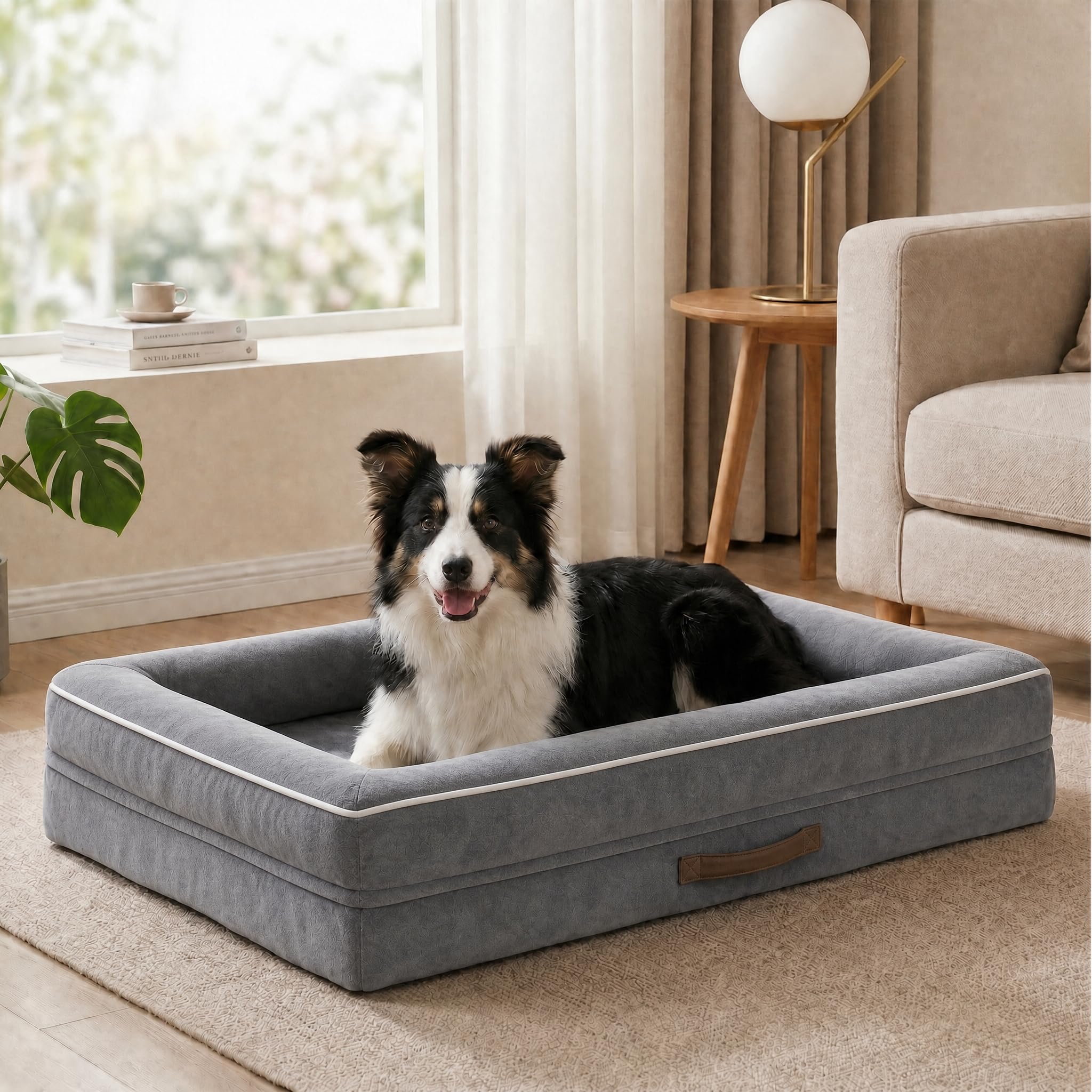 Renvix Large Orthopedic Dog Bed, Waterproof Dog Sofa Bed with Removable Washable Cover, Soft Egg Foam Pet Bed, Non-Slip Bottom and Four-Sided Bolster Cushion（Gray, 91x61x18cm）