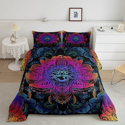 Erosebridal Juego de edredón de flor de loto bohemio, juego de ropa de cama Queen con mandala neón, oriental Fátima Hamsa, juego de edredón bohemio