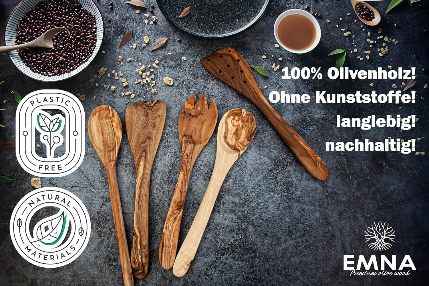 EMNA Premium Olivenholz Küchenutensilien Set 9-teilig – 8 Küchenhelfer + Olivenholz Behälter ca. 30 cm | Kochlöffel & Pfannenwender | Luxus Küchenzubehör | Geschenkidee Weihnachten Hochzeit Geburtstag