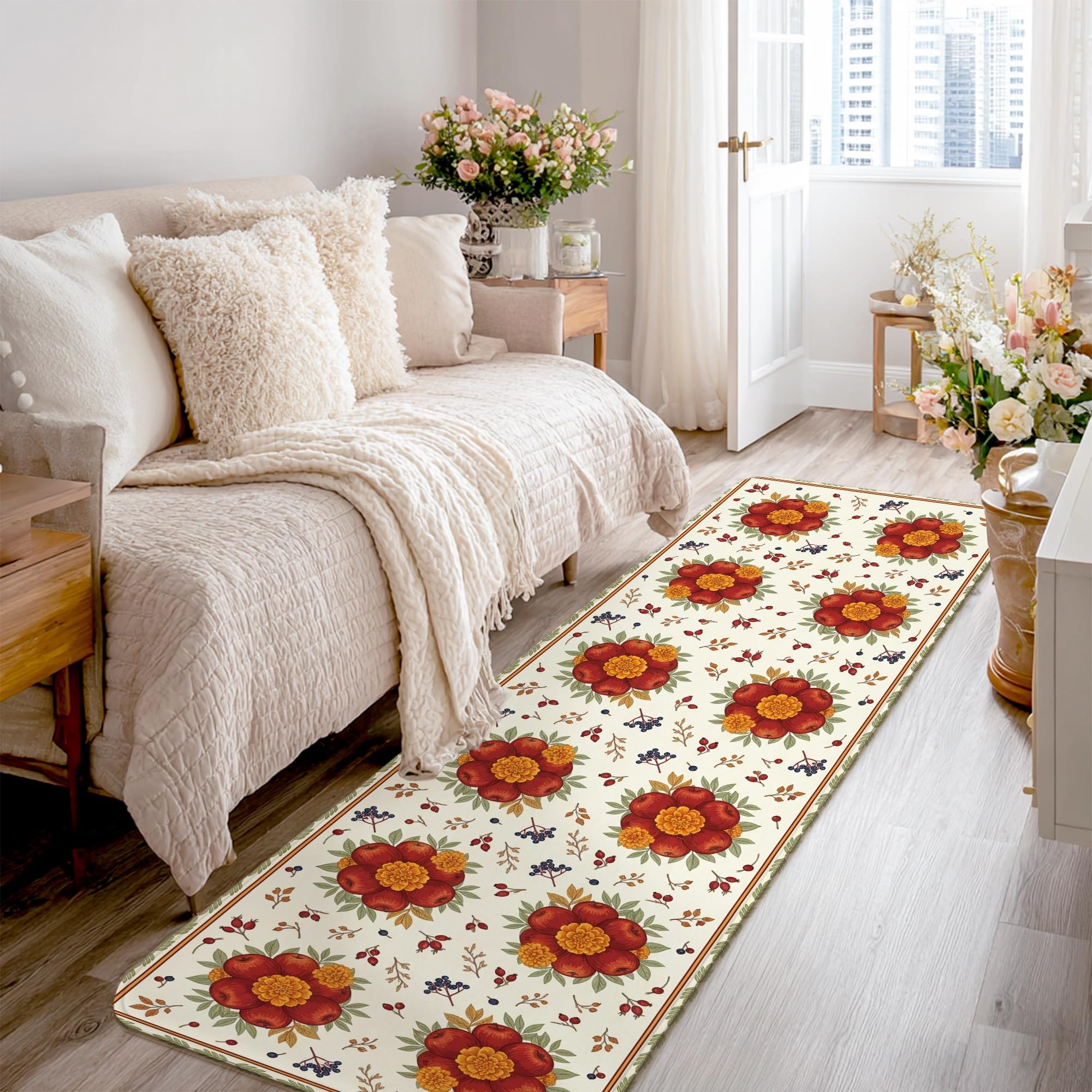 Alfombra de peonía para pasillo largo y decoración de mesita de noche en rojo primavera