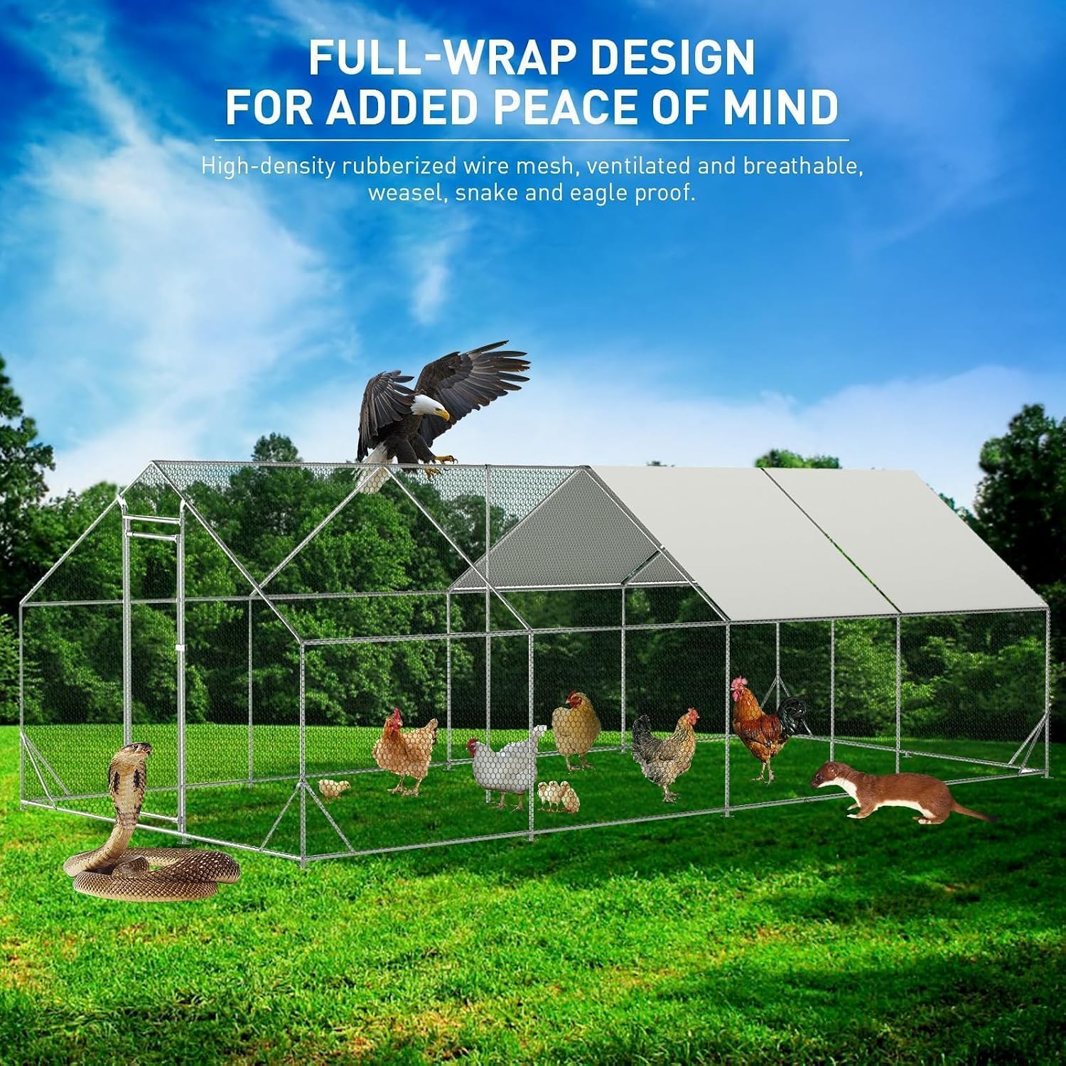 2026 Upgraded 10' x 26' x 6.6' Large Metal Chicken Coop with Run for 30 Chickens, Chicken Runs for Yard with Cover for Water-Resident, Walk-in Poultry Cage Chicken Pen/House Outdoor for Duck