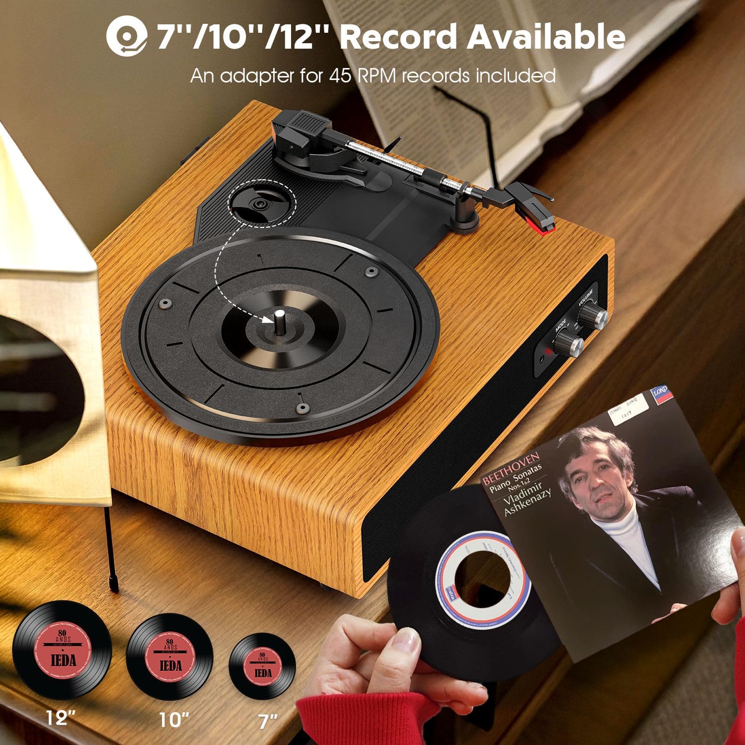 FYDEE A7 Record Player showing compatibility with various record sizes