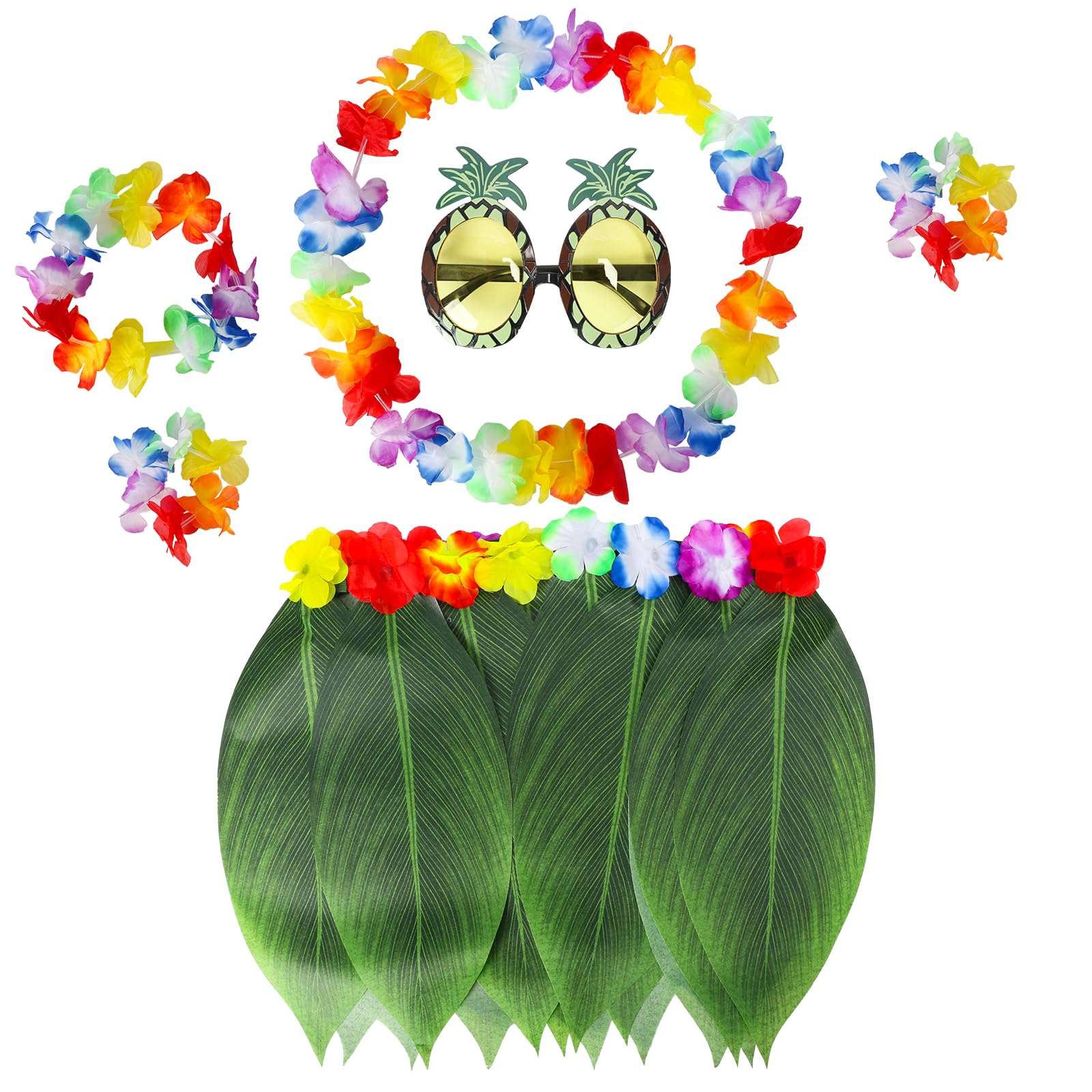 6pcs Hawaiian Costume accessories Hawaiian Fancy Dress Adults Kids with Leaf Grass Skirt Bracelets Headband Pineapple Glasses for Tropical Summer Beach Luau Party Fancy Supplies