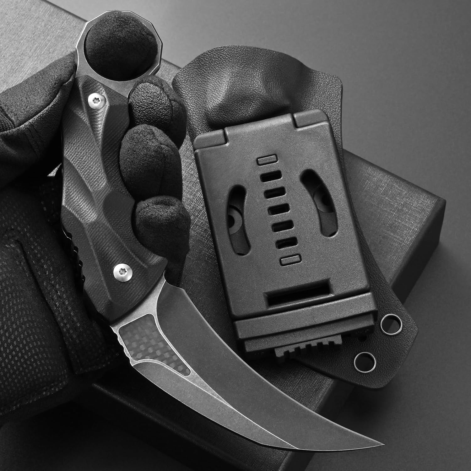 Ccanku C1692 Carbon Fiber Fixed Blade Knife,D2 Steel G10 Handle 4 Inches Camping EDC Tools Survival Claw Teeth Knife with Kydex Sheaths(Black) … …