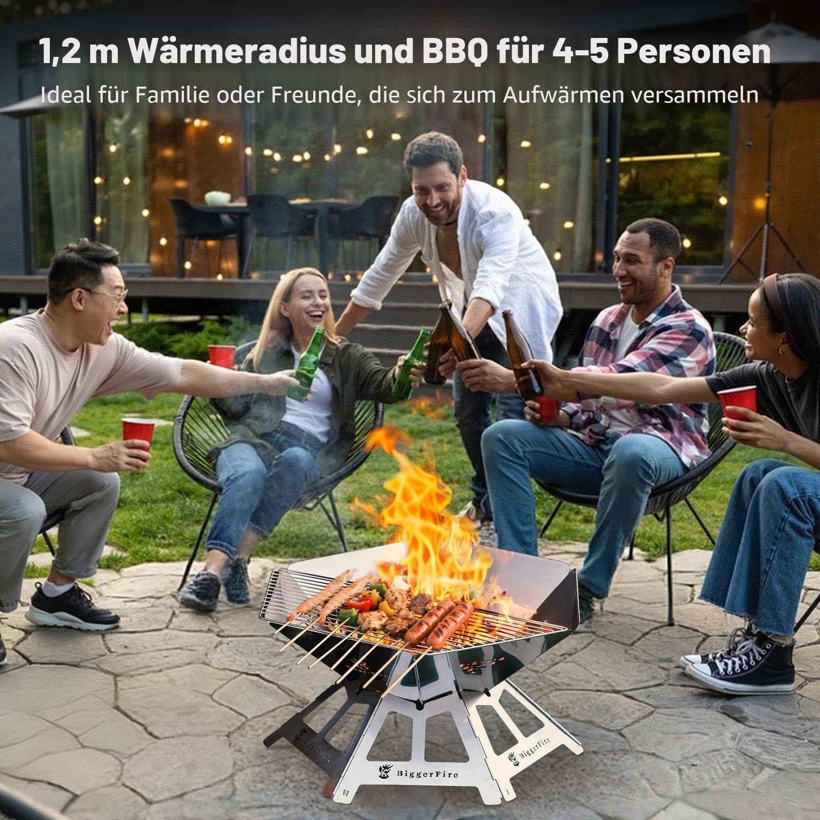 Faltbares Feuerstelle, tragbare Edelstahl-Feuerstelle mit Grillgitter und Aufbewahrungstasche – Campingfeuer für Terrasse, Outdoor-BBQ und Lagerfeuer