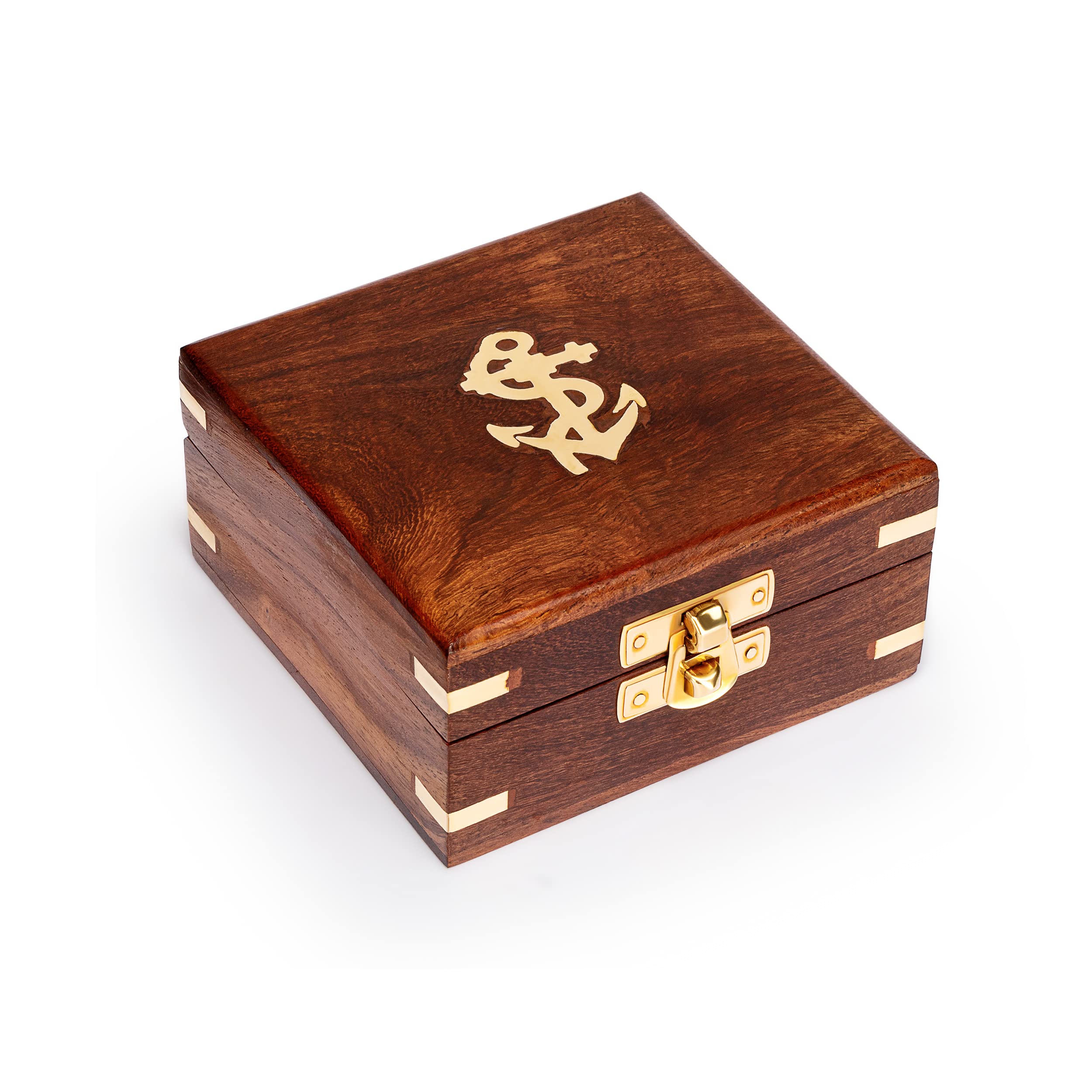 NKlaus Maritime Wooden Box 11 x 11 x 6 cm Large Storage Box Natural Wood Decorated with Brass Inlays for Jewellery and Souvenirs 11628